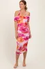 Fuchsia Floral Mesh Off Shoulder Halter Midi Dress sold by Pinkblush