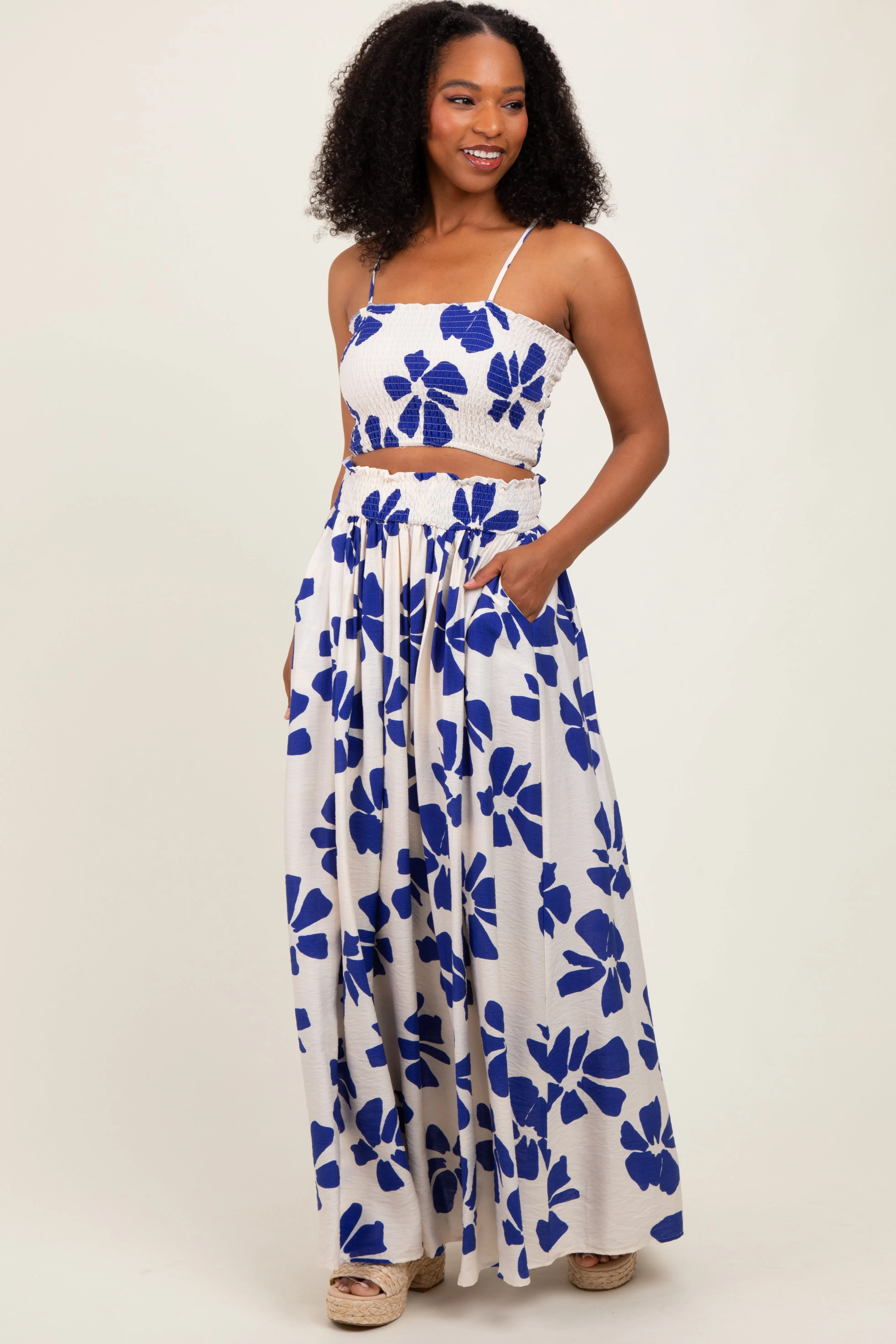 Royal Blue Floral Smocked Top With Maxi Skirt Set sold by Pinkblush