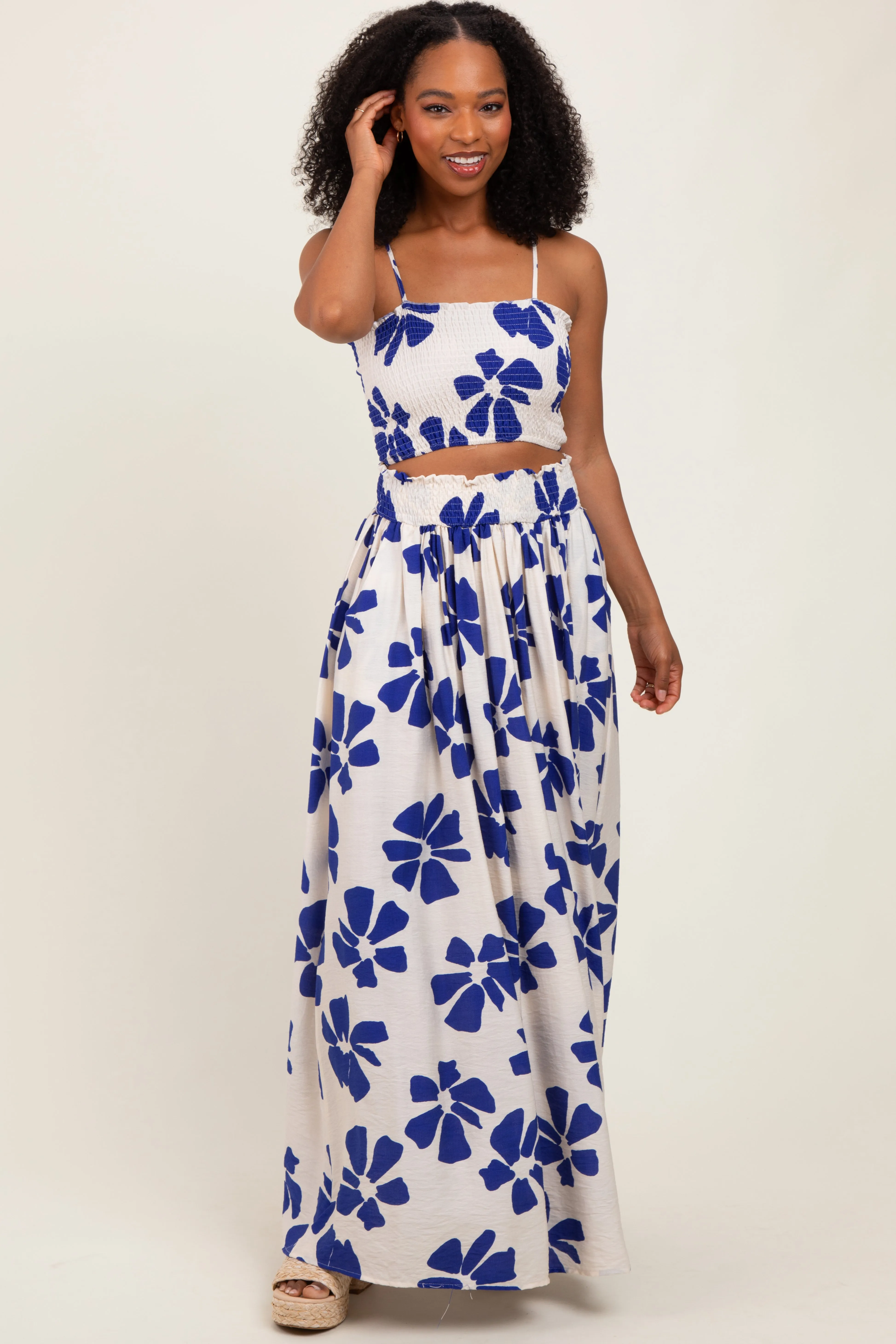Royal Blue Floral Smocked Top With Maxi Skirt Set sold by Pinkblush product image thumbnail 2