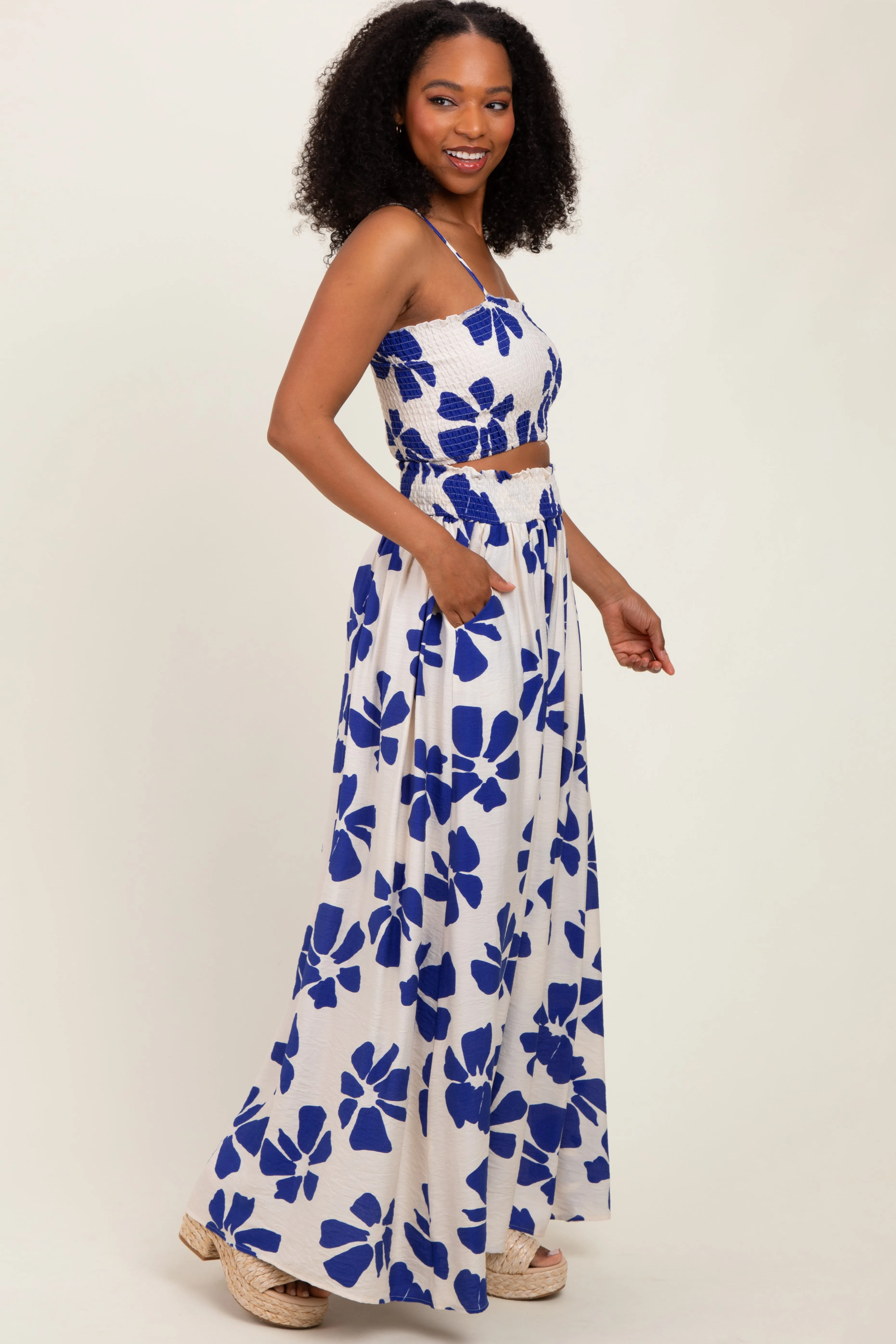 Royal Blue Floral Smocked Top With Maxi Skirt Set sold by Pinkblush product image thumbnail 3