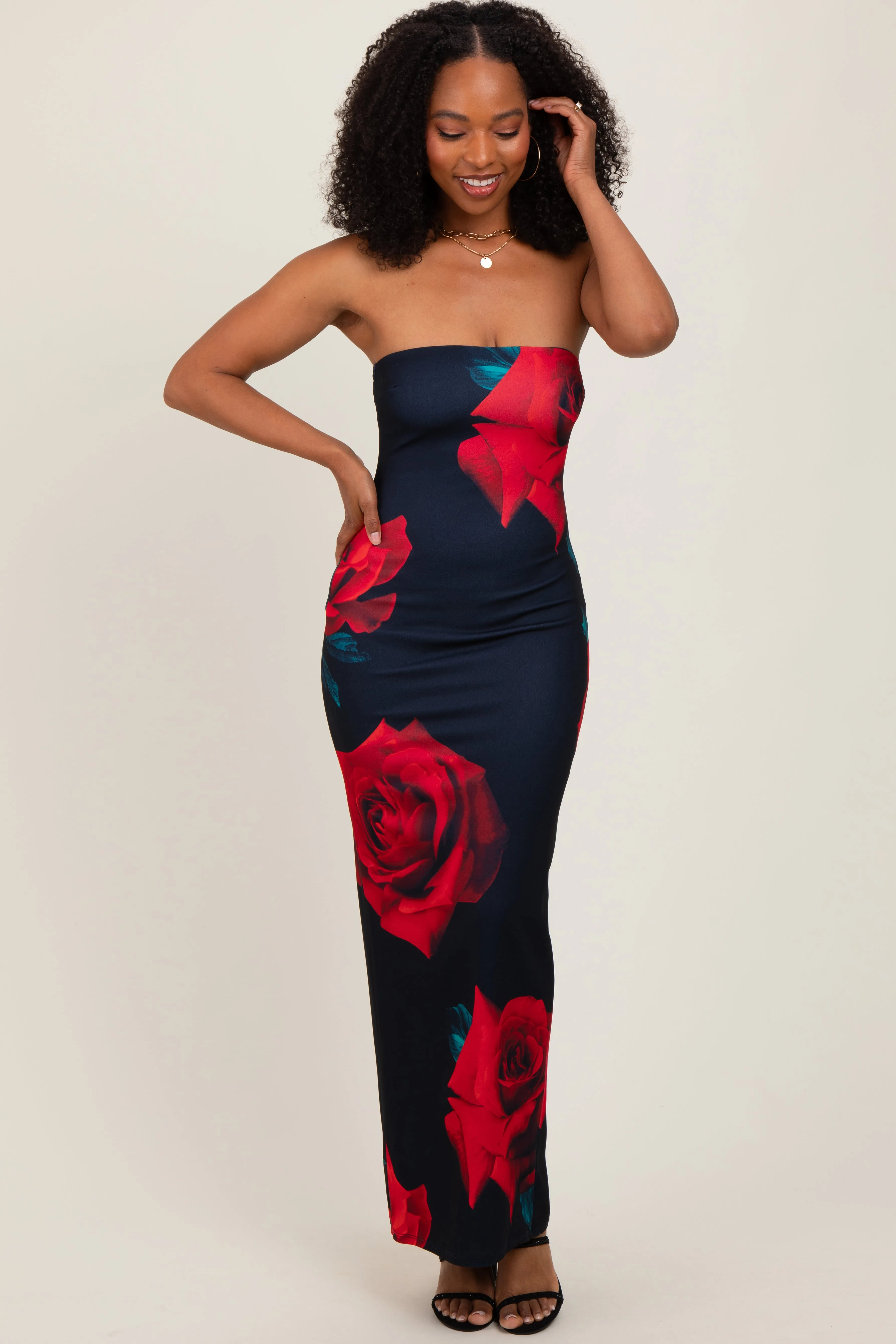 Navy Floral Strapless Maxi Dress sold by Pinkblush product image thumbnail 2