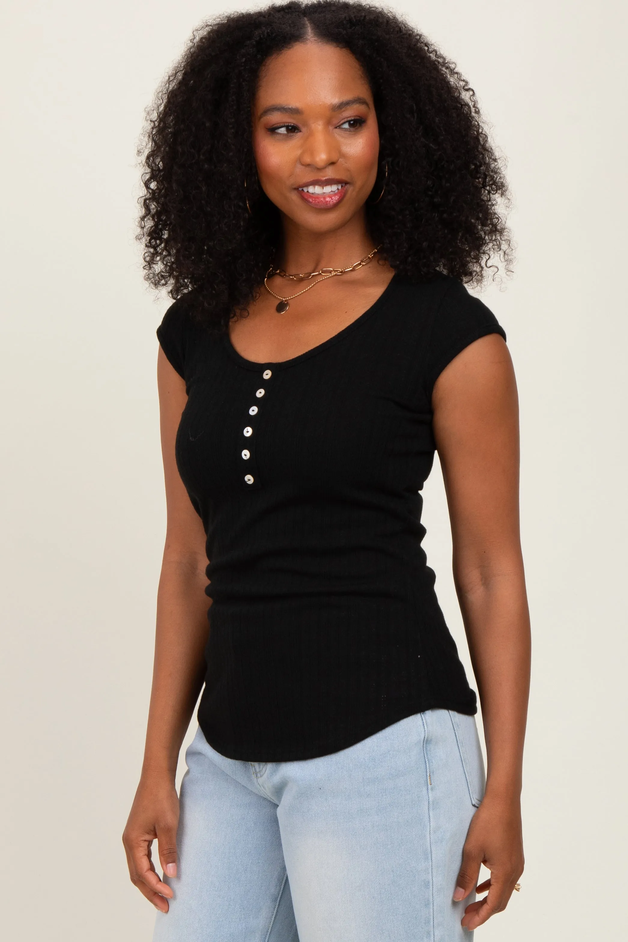 Black Jacquard Button Front Short Sleeve Top sold by Pinkblush product image thumbnail 3