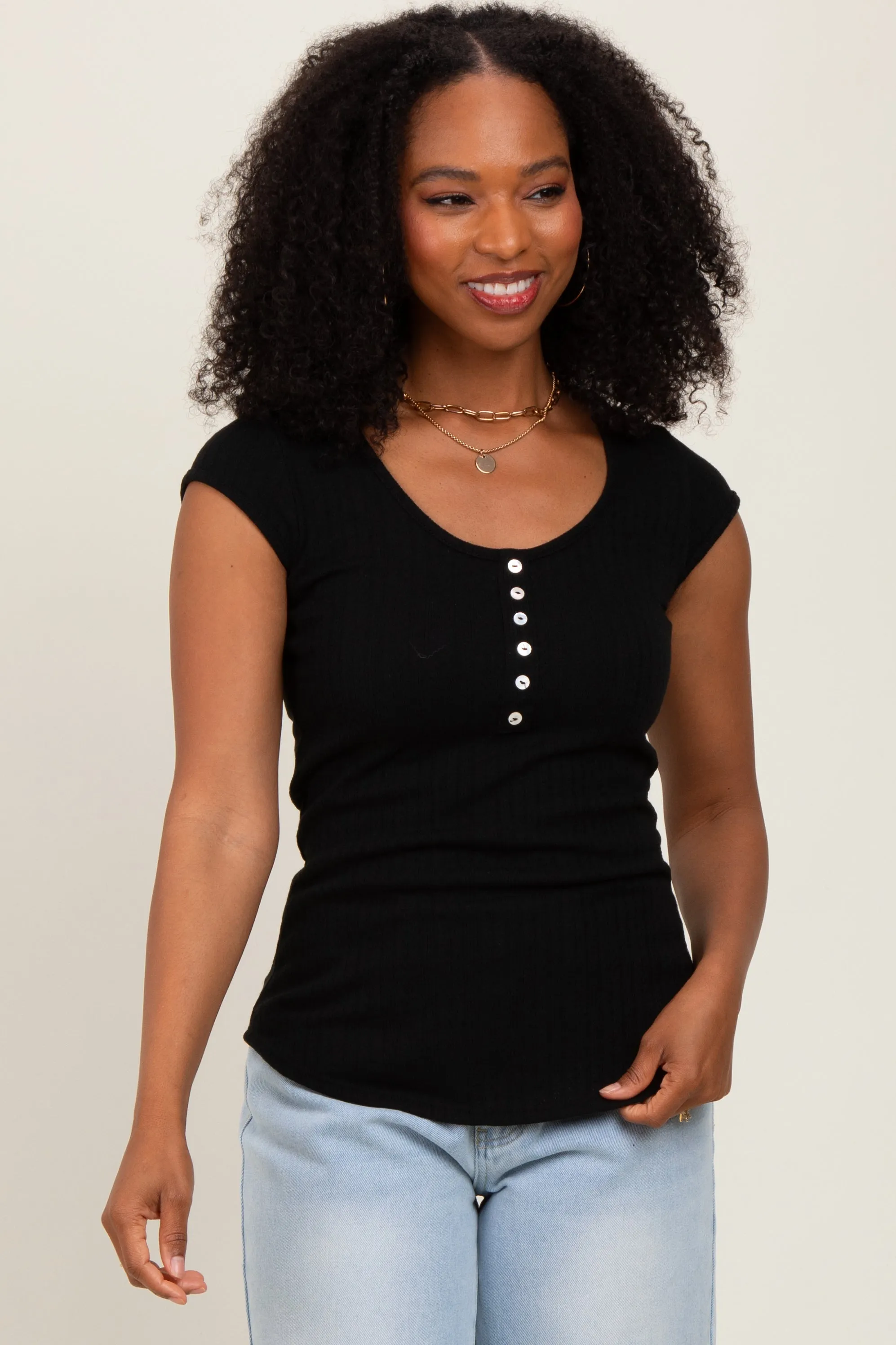 Black Jacquard Button Front Short Sleeve Top sold by Pinkblush