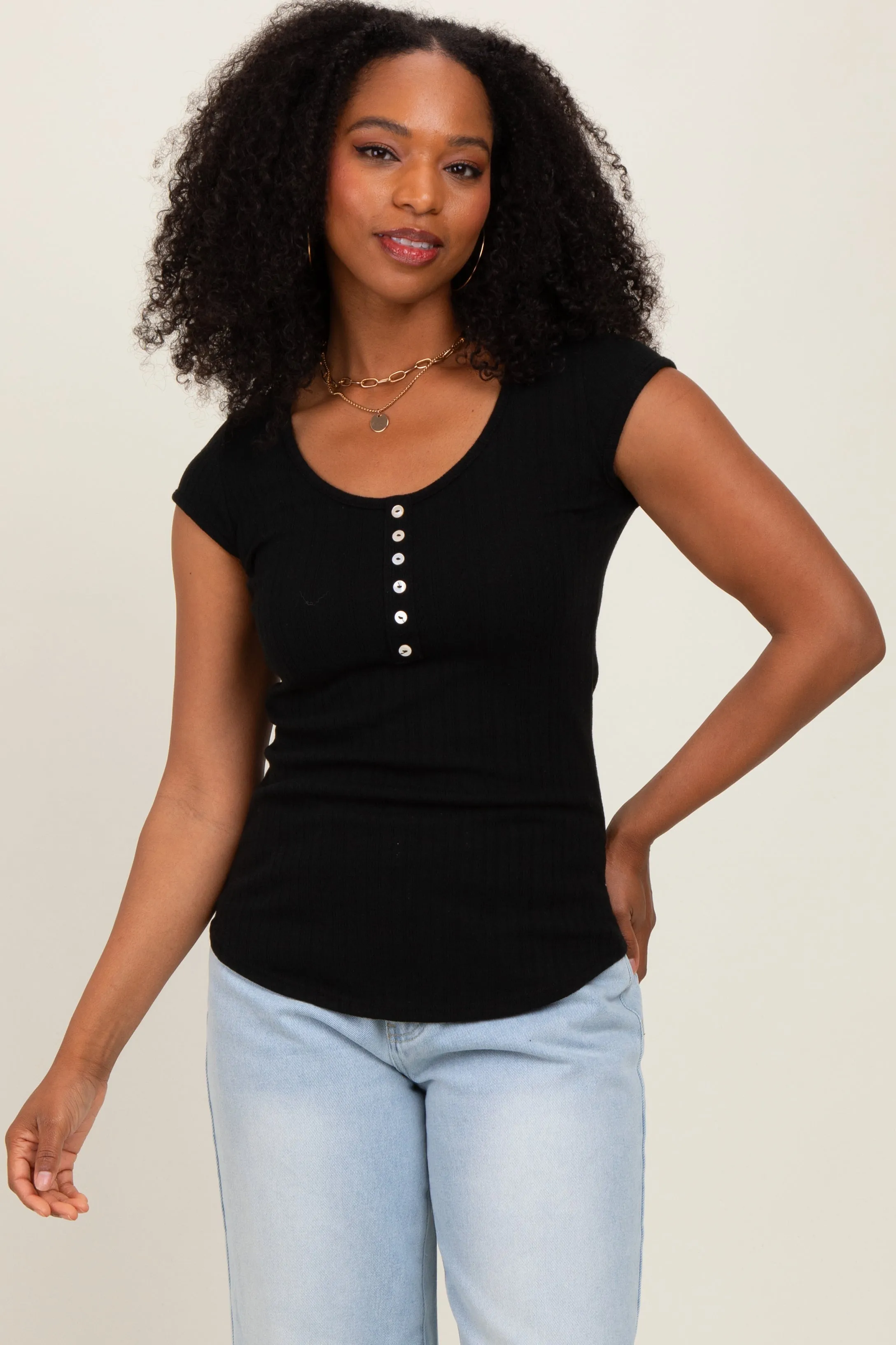 Black Jacquard Button Front Short Sleeve Top sold by Pinkblush product image thumbnail 2