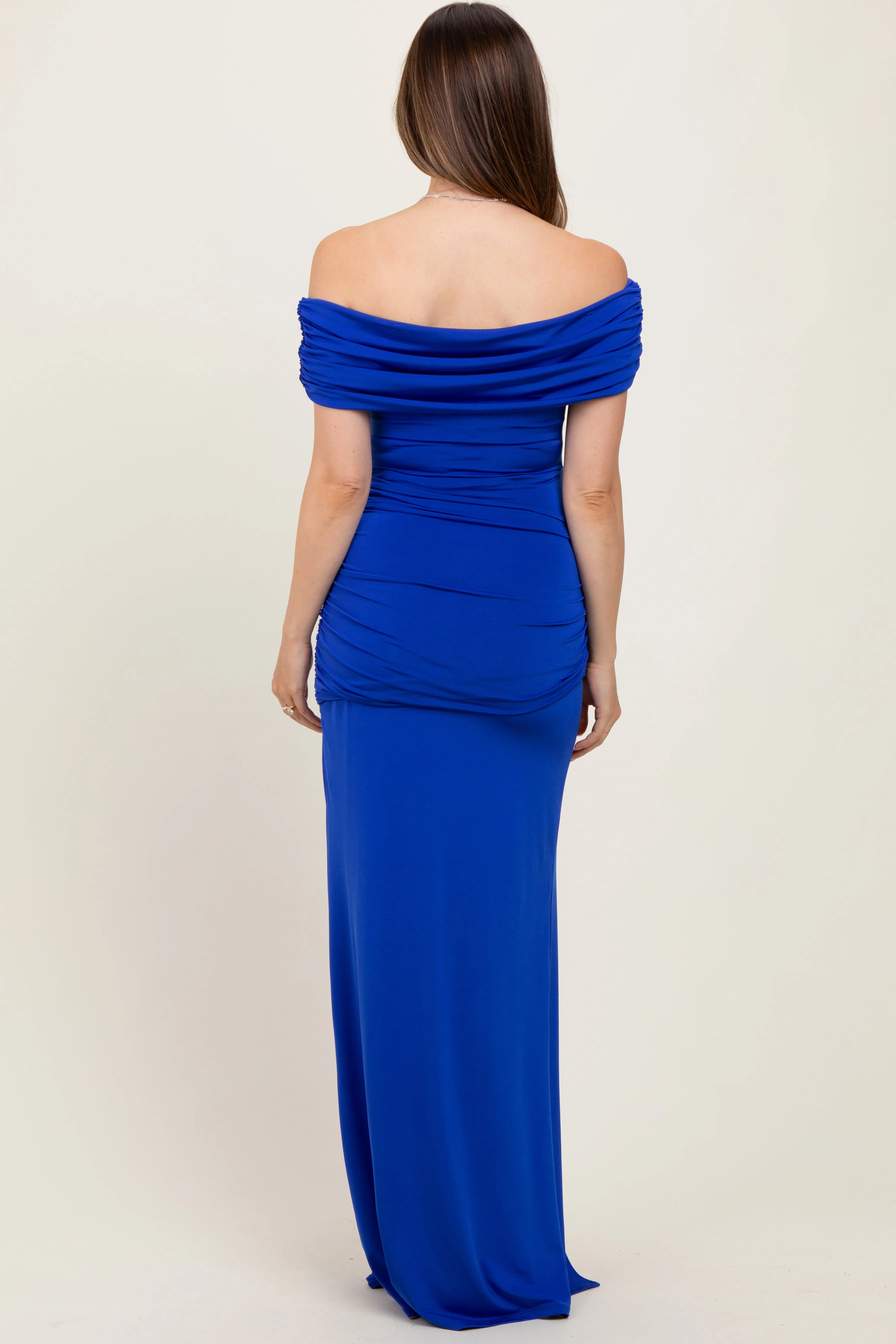Royal Foldover Off Shoulder Ruched High Slit Maternity Maxi Dress sold by Pinkblush product image thumbnail 3