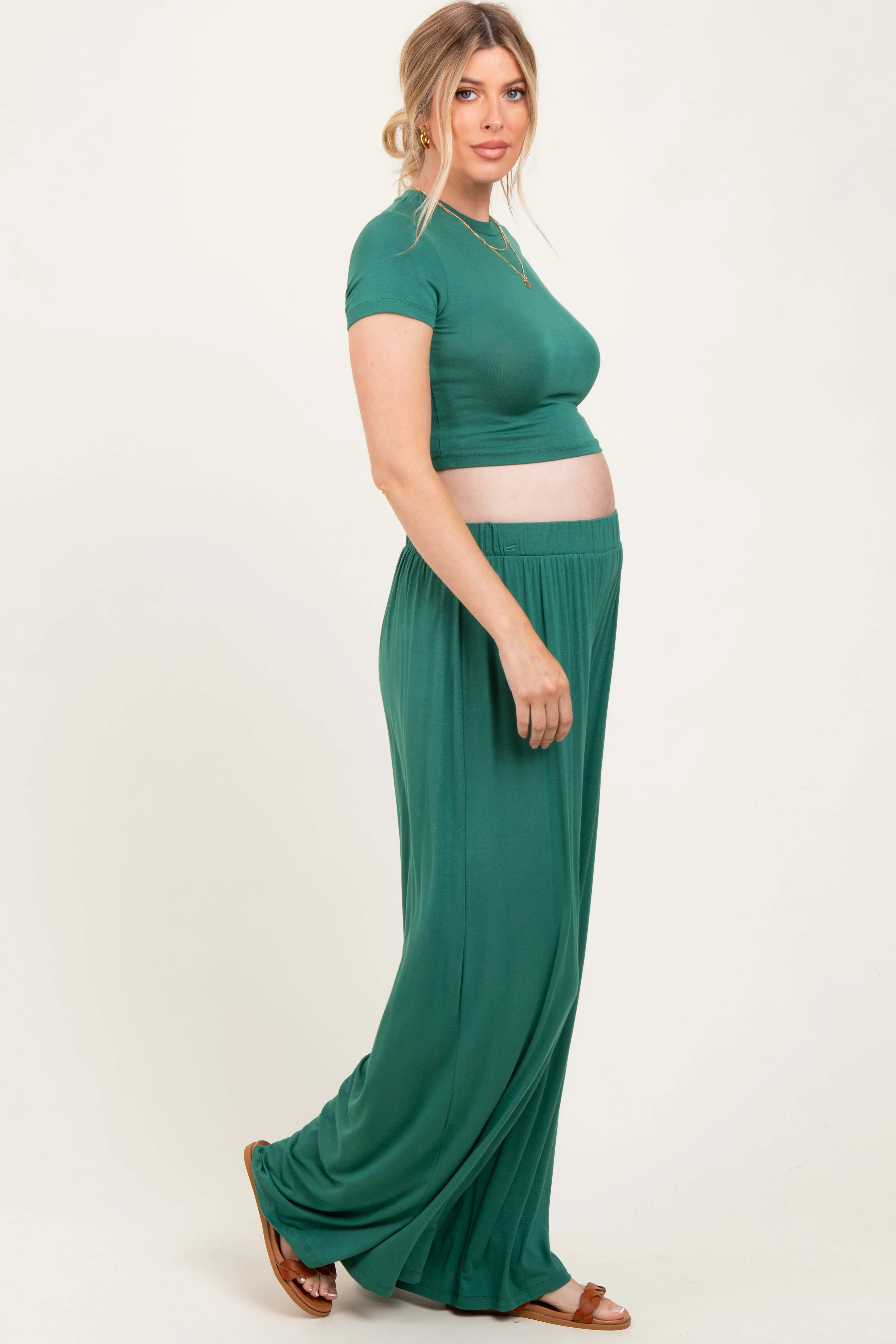 Emerald Green Cropped Short Sleeve Wide Leg Pants Maternity Set sold by Pinkblush product image thumbnail 2