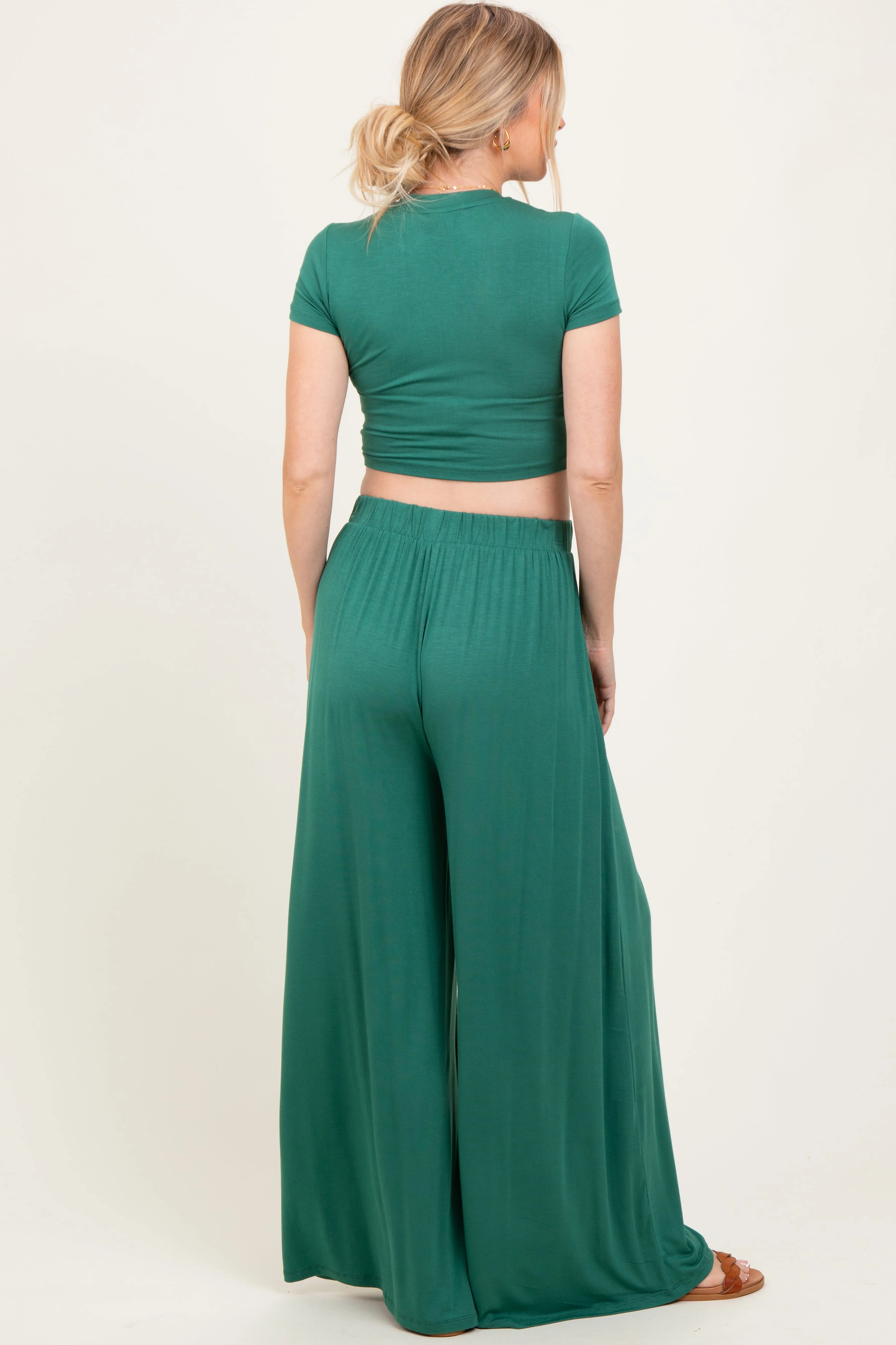 Emerald Green Cropped Short Sleeve Wide Leg Pants Maternity Set sold by Pinkblush product image thumbnail 3