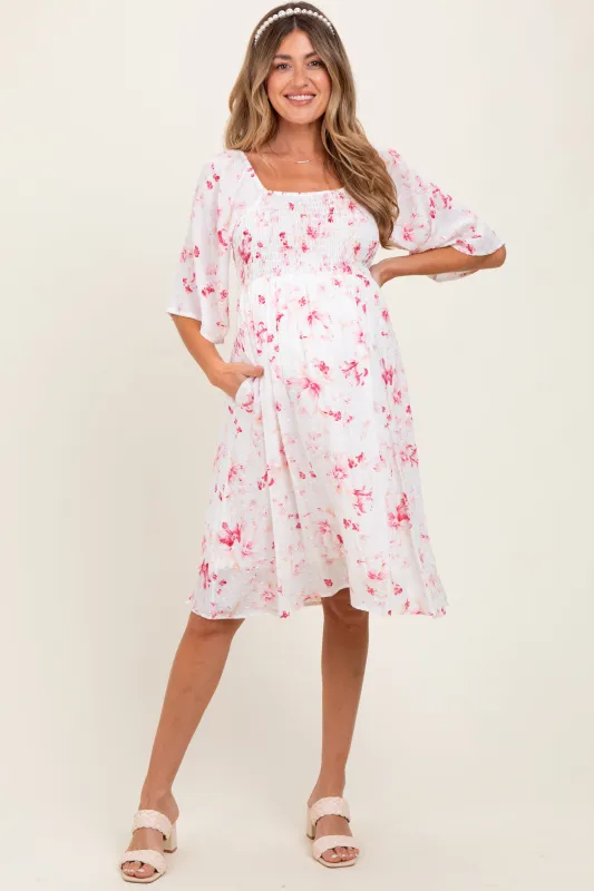 Pink Floral Smocked Maternity Midi Dress sold by Pinkblush