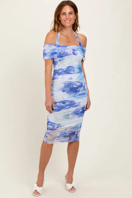 Blue Floral Mesh Off Shoulder Halter Midi Dress made by Pinkblush