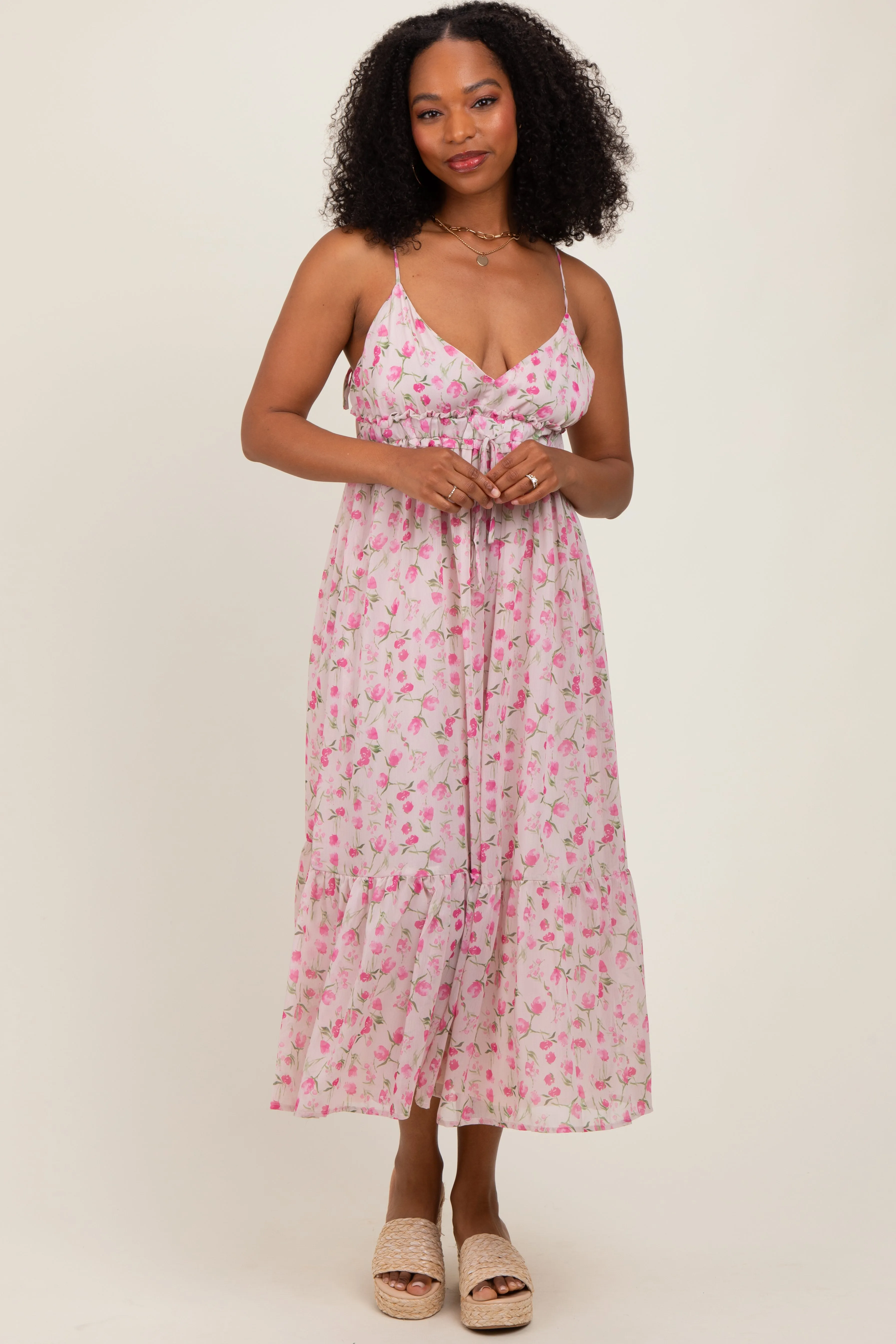 Pink Floral V-Neck Sleeveless Side Tie Midi Dress sold by Pinkblush