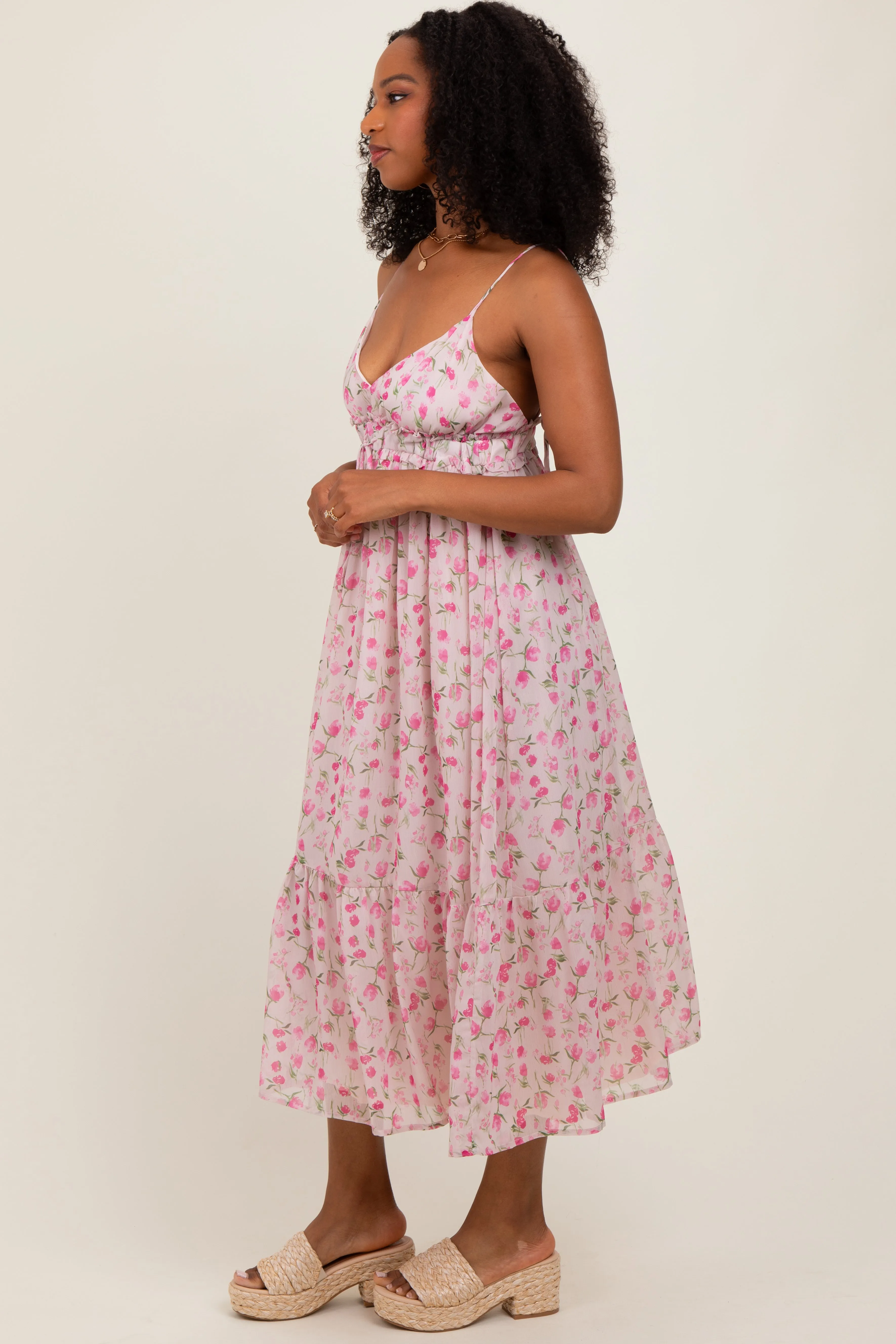 Pink Floral V-Neck Sleeveless Side Tie Midi Dress sold by Pinkblush product image thumbnail 2