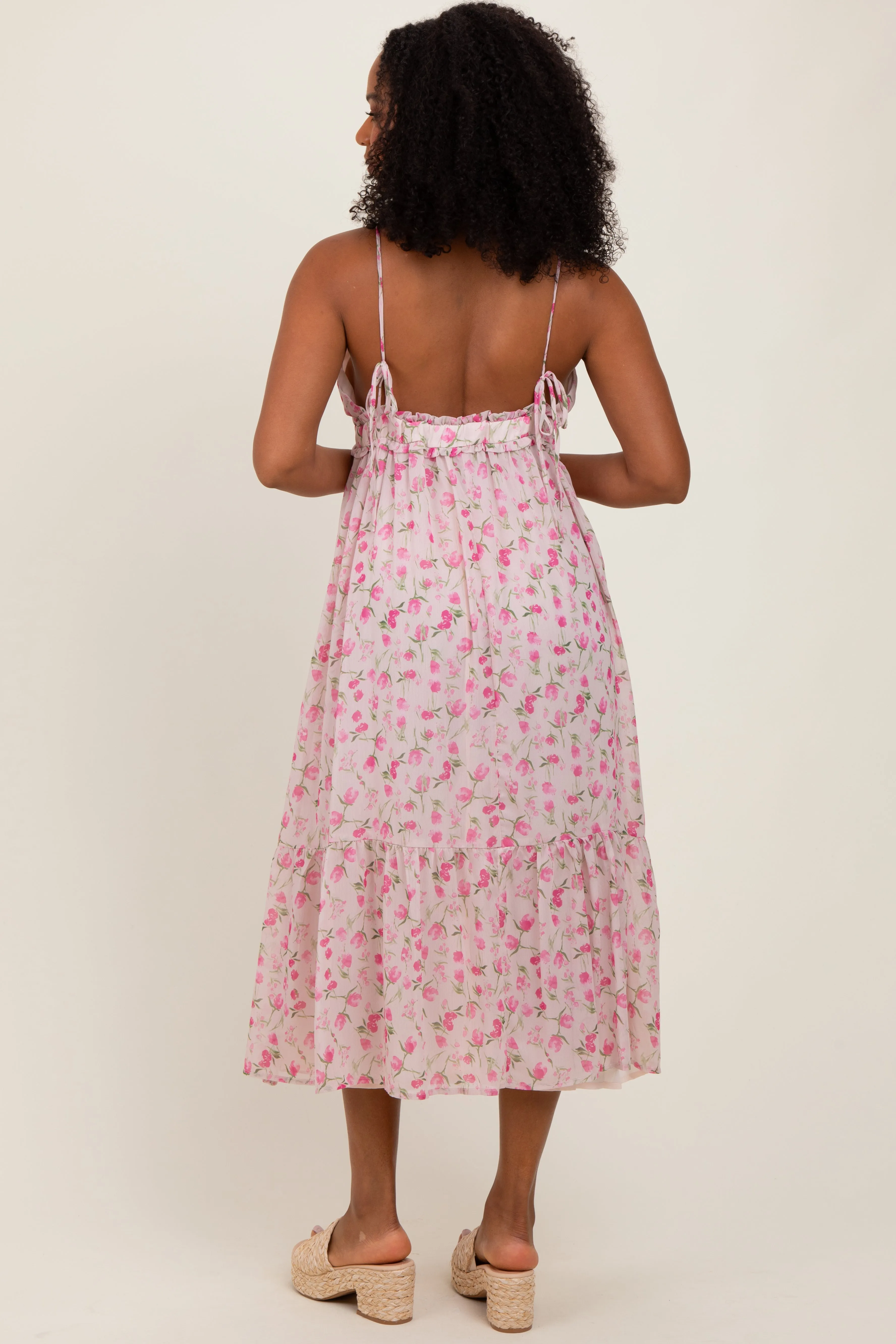 Pink Floral V-Neck Sleeveless Side Tie Midi Dress sold by Pinkblush product image thumbnail 3