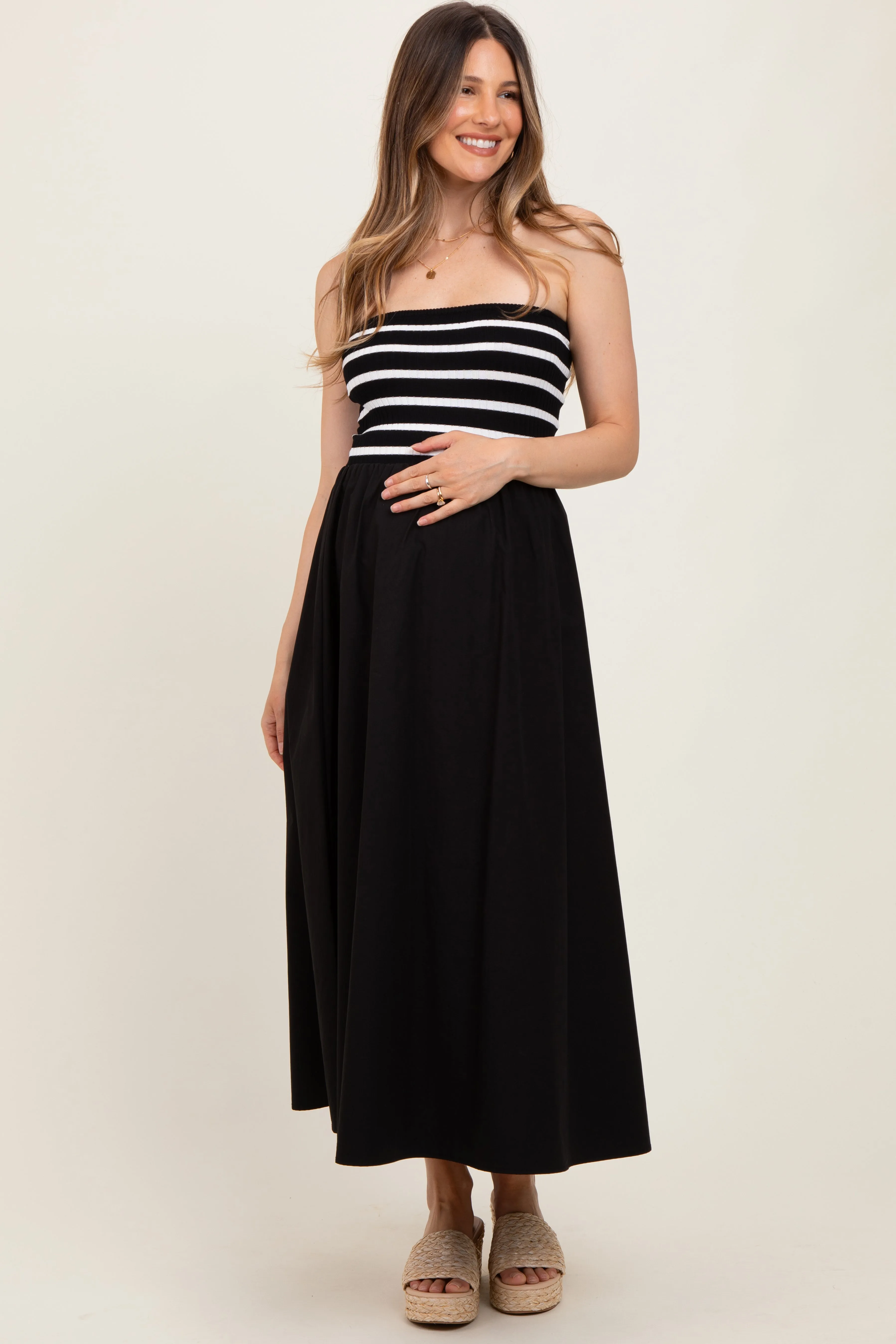 Black Striped Tube Knit Maternity Maxi Dress sold by Pinkblush product image thumbnail 2
