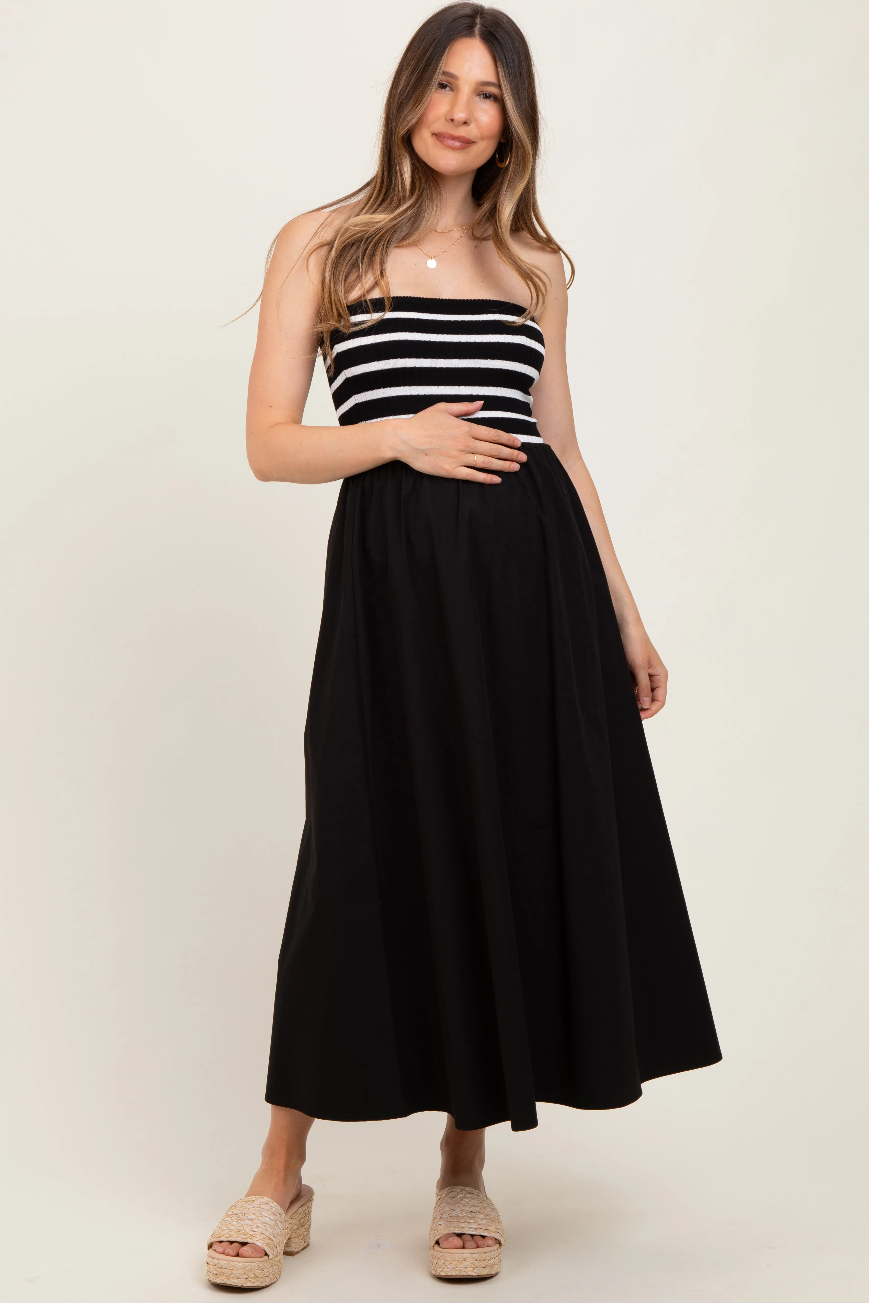 Black Striped Tube Knit Maternity Maxi Dress sold by Pinkblush