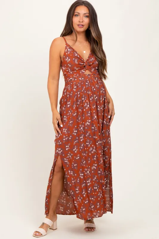 Rust Floral Twist Front Cutout Maternity Maxi Dress sold by Pinkblush
