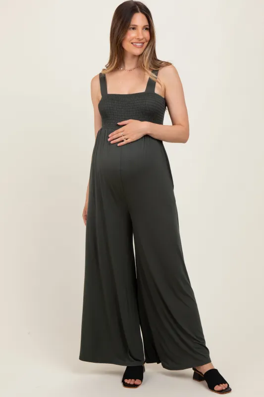 Olive Sleeveless Wide Leg Maternity Jumpsuit sold by Pinkblush