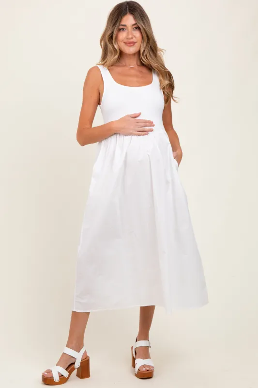 White Contrast Sleeveless Square Neck Maternity Midi Dress sold by Pinkblush