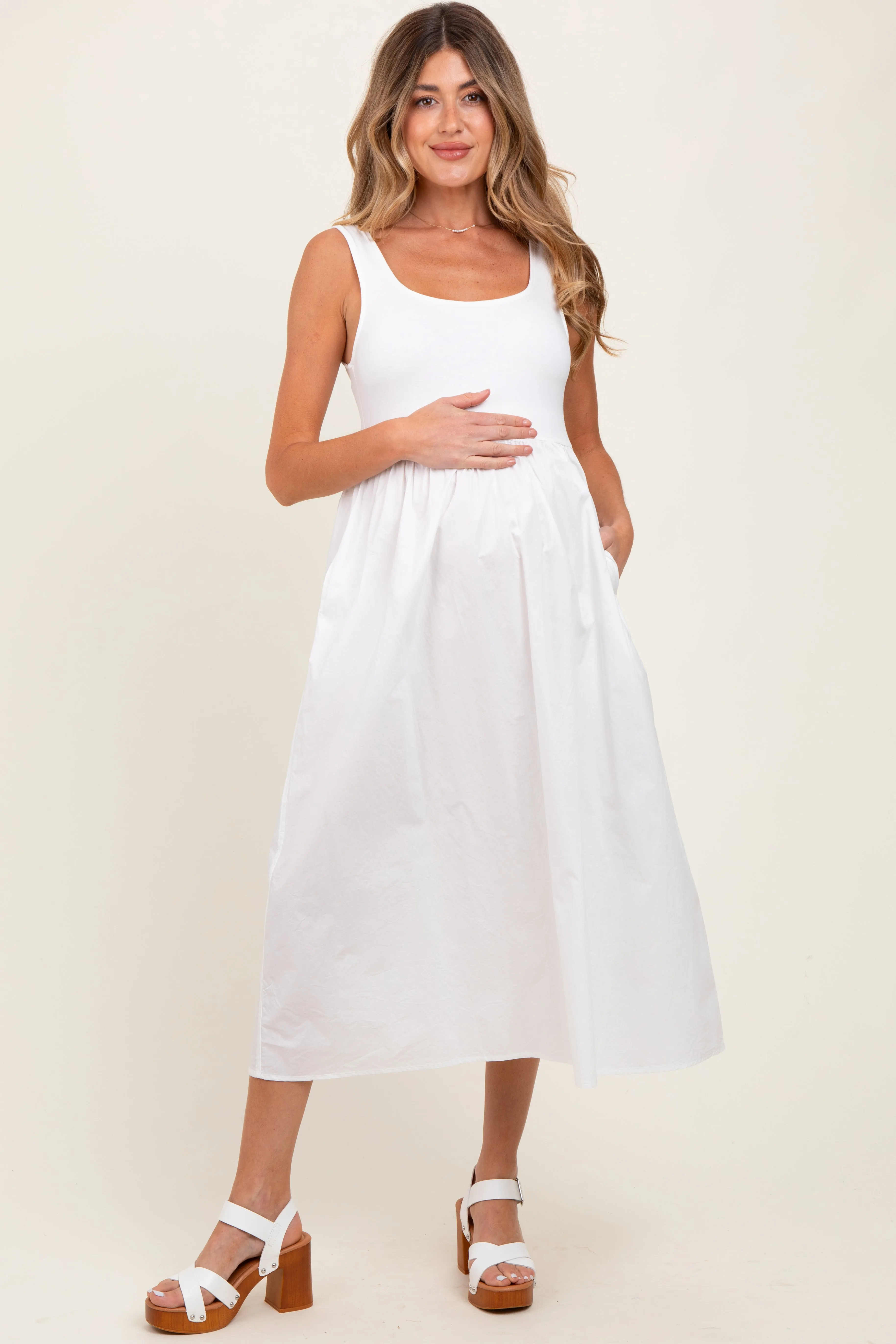 White Contrast Sleeveless Square Neck Maternity Midi Dress sold by Pinkblush