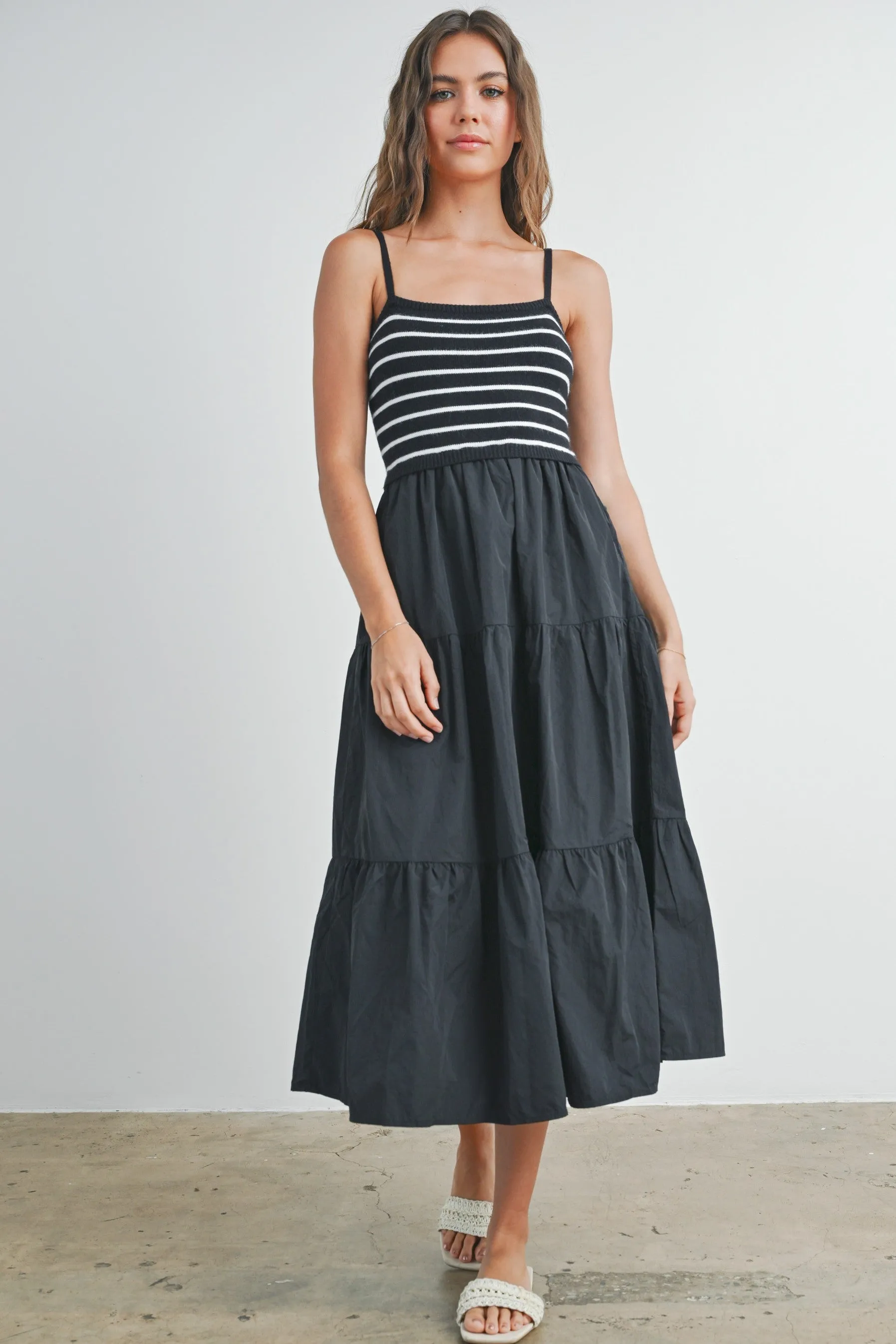 Black Striped Knit Top Tiered Midi Dress sold by Pinkblush