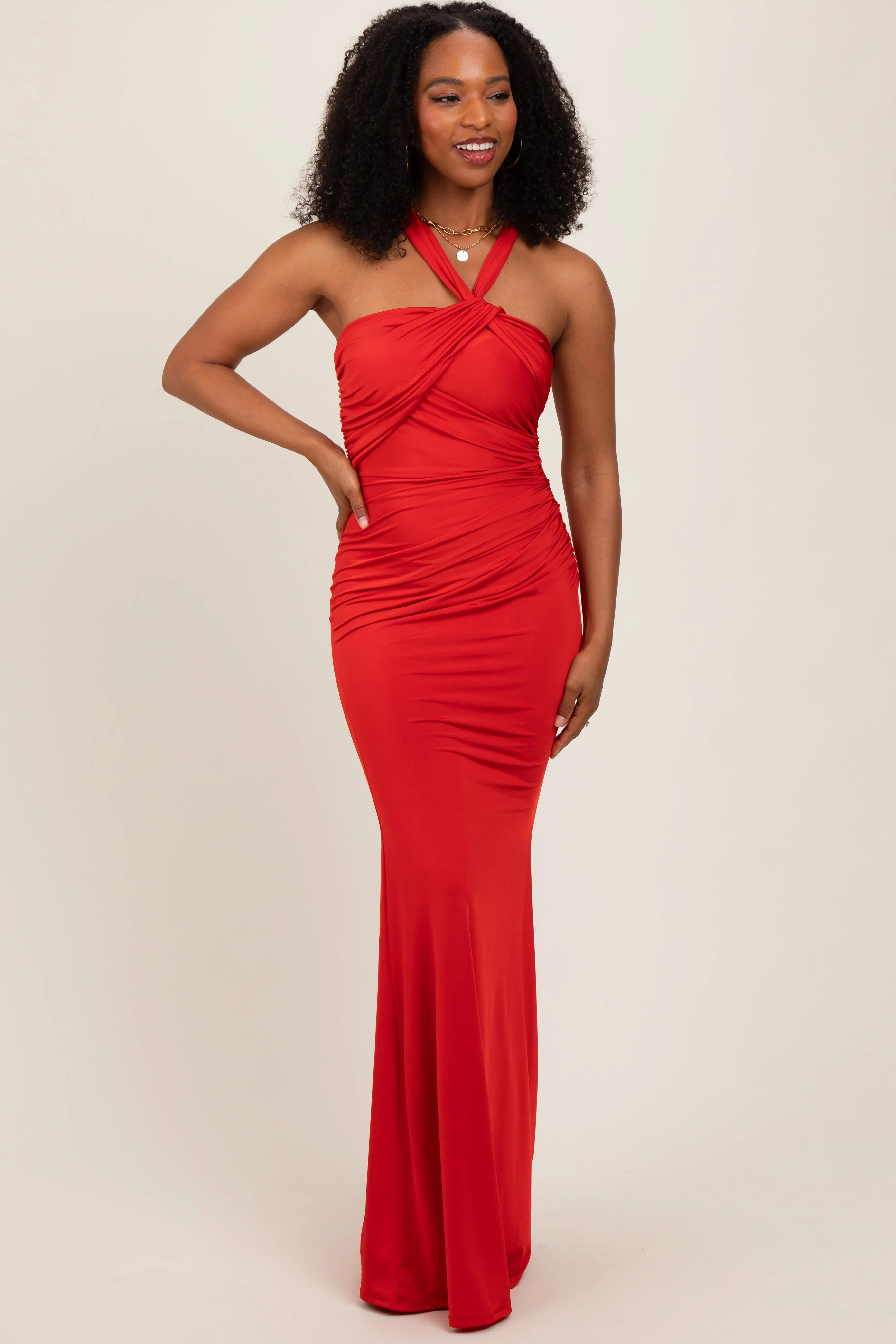 Red Twist Front Ruched Maxi Dress sold by Pinkblush product image thumbnail 2