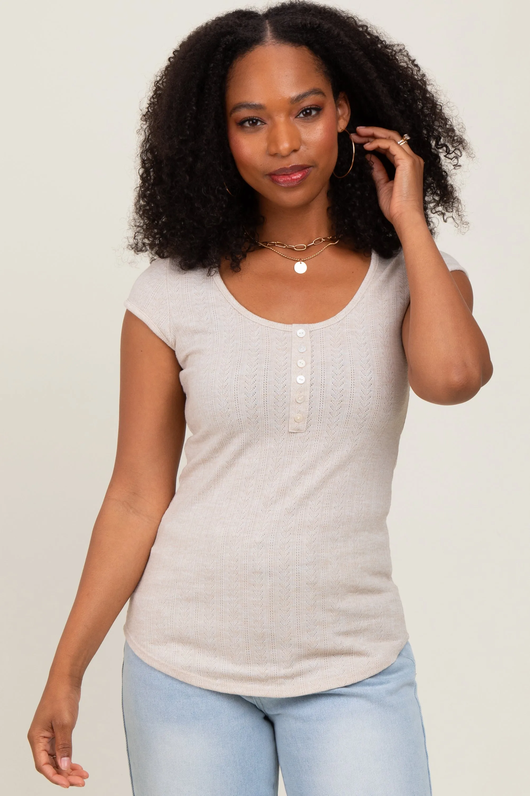 Beige Jacquard Button Front Short Sleeve Top sold by Pinkblush