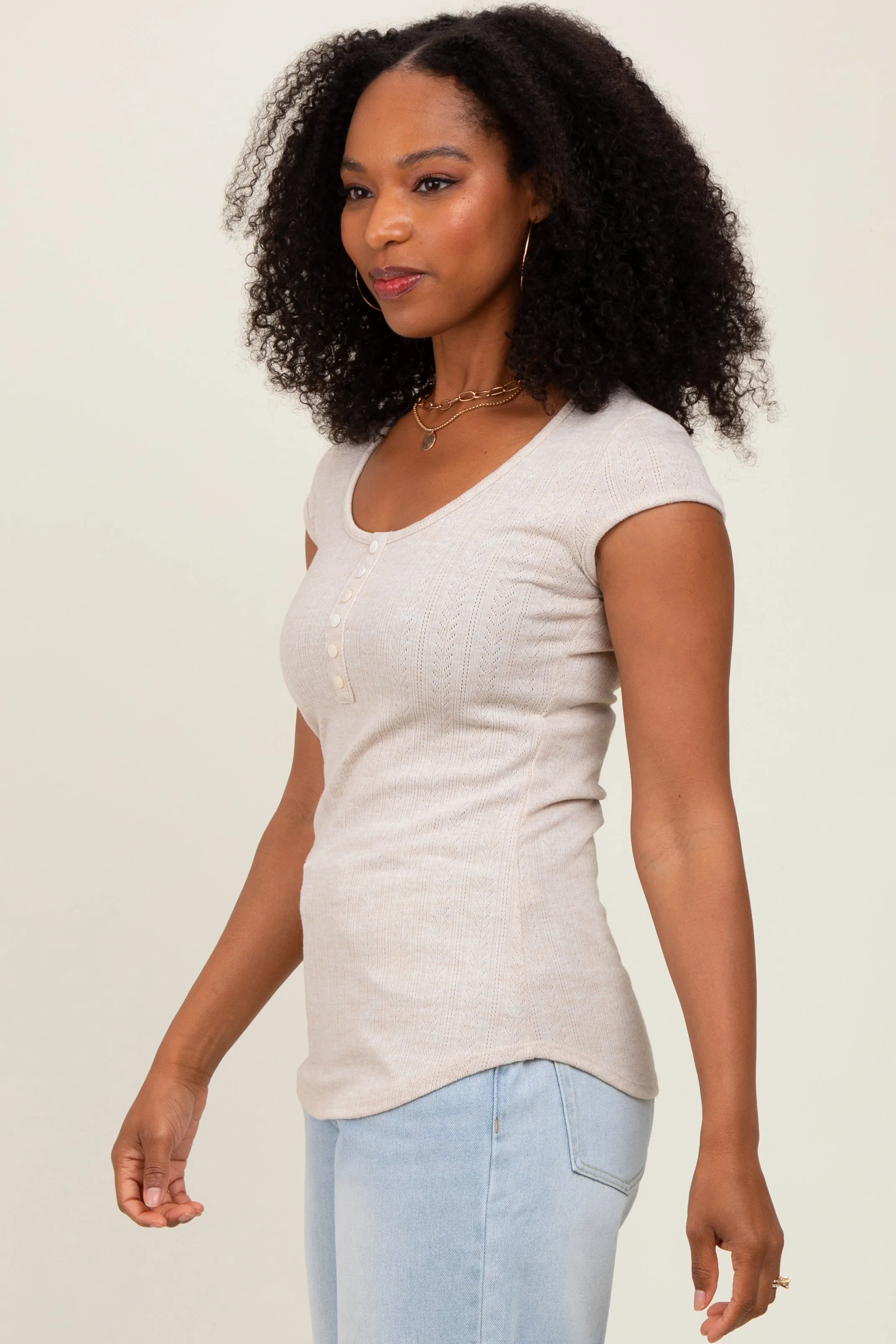 Beige Jacquard Button Front Short Sleeve Top sold by Pinkblush product image thumbnail 3
