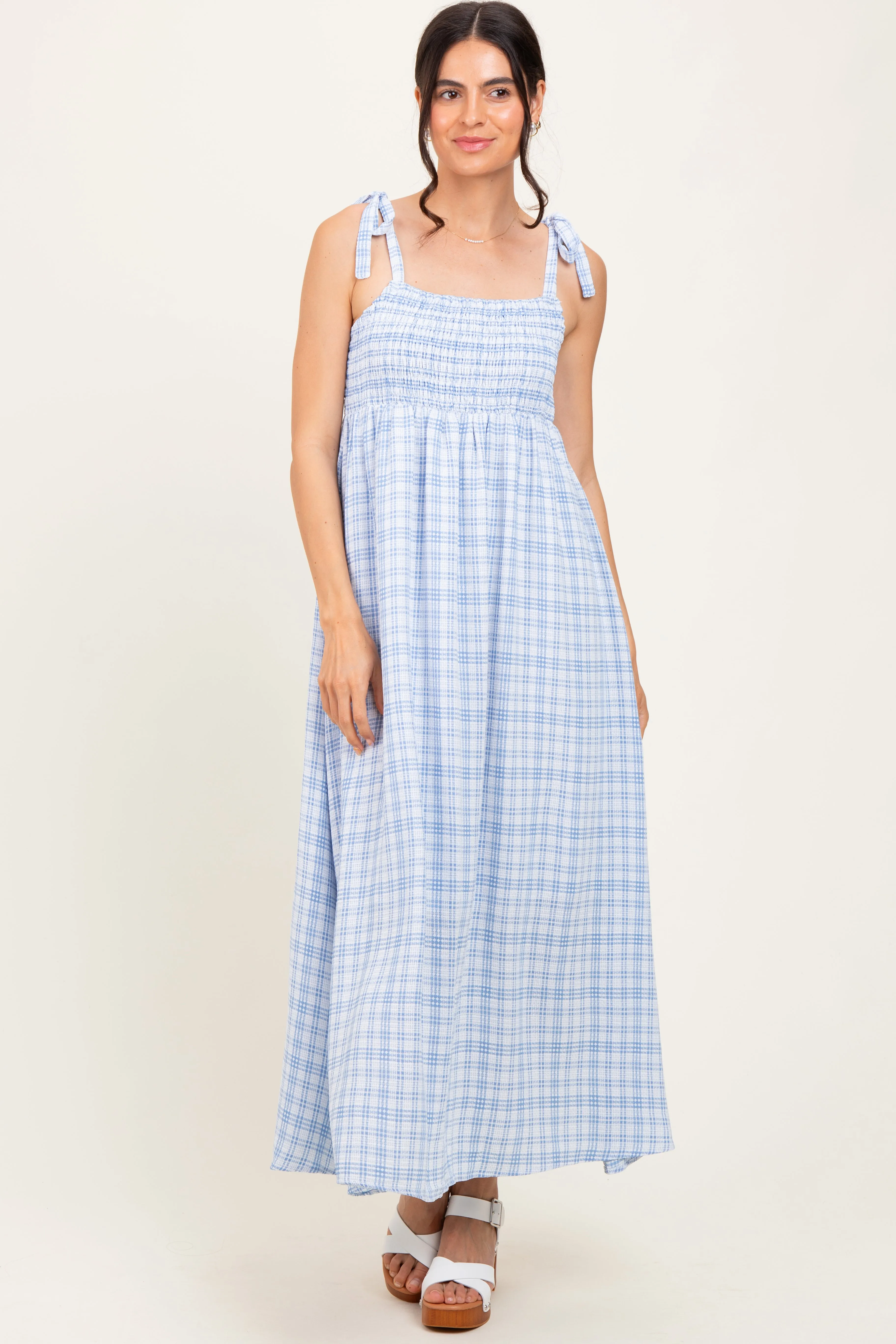 Blue Plaid Smocked Shoulder Tie Maternity Maxi Dress sold by Pinkblush product image thumbnail 4