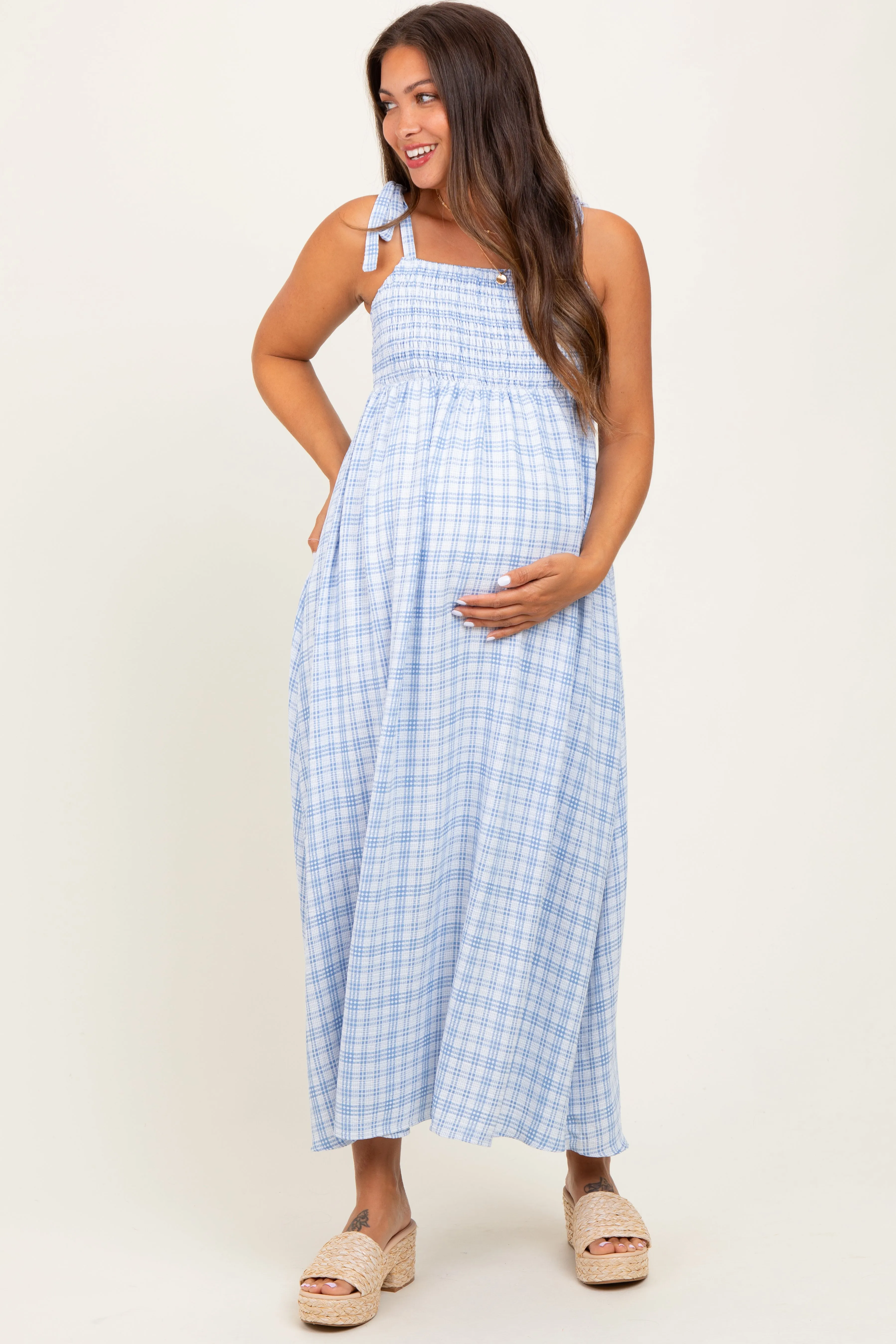 Blue Plaid Smocked Shoulder Tie Maternity Maxi Dress sold by Pinkblush