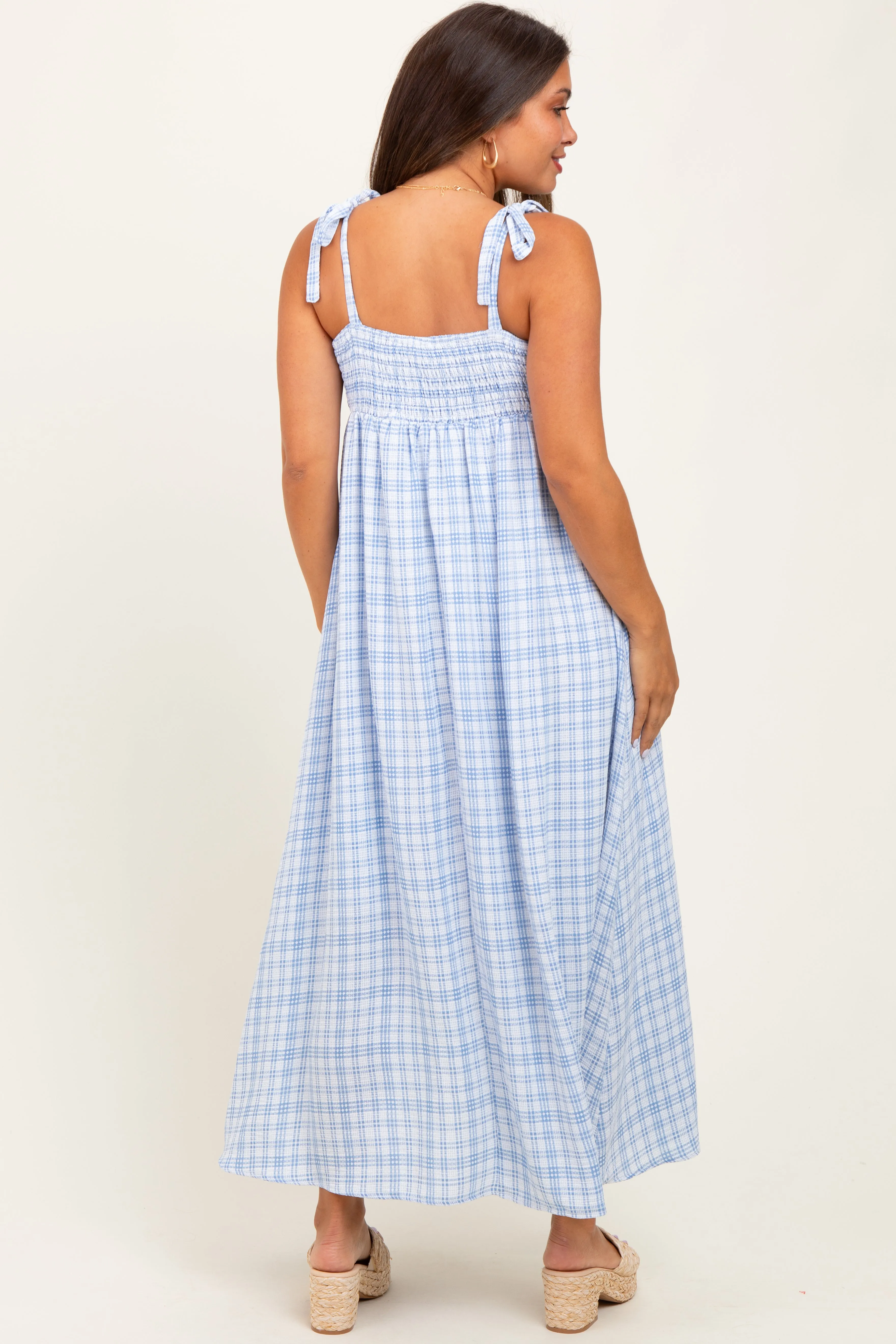 Blue Plaid Smocked Shoulder Tie Maternity Maxi Dress sold by Pinkblush product image thumbnail 3