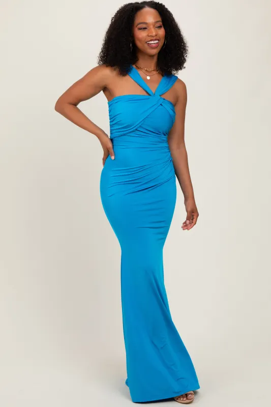 Turquoise Twist Front Ruched Maxi Dress sold by Pinkblush