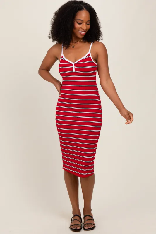 Red Striped V-Neck Sleeveless Midi Dress sold by Pinkblush