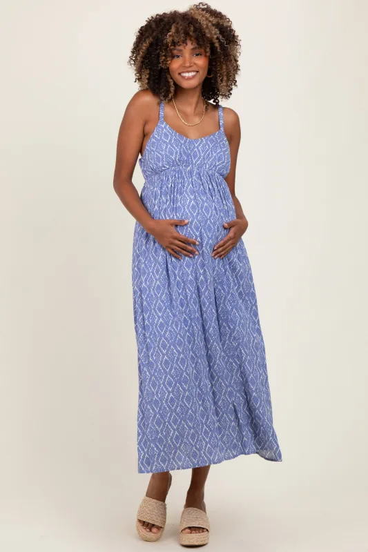 Blue Printed Sleeveless Maternity Midi Dress sold by Pinkblush