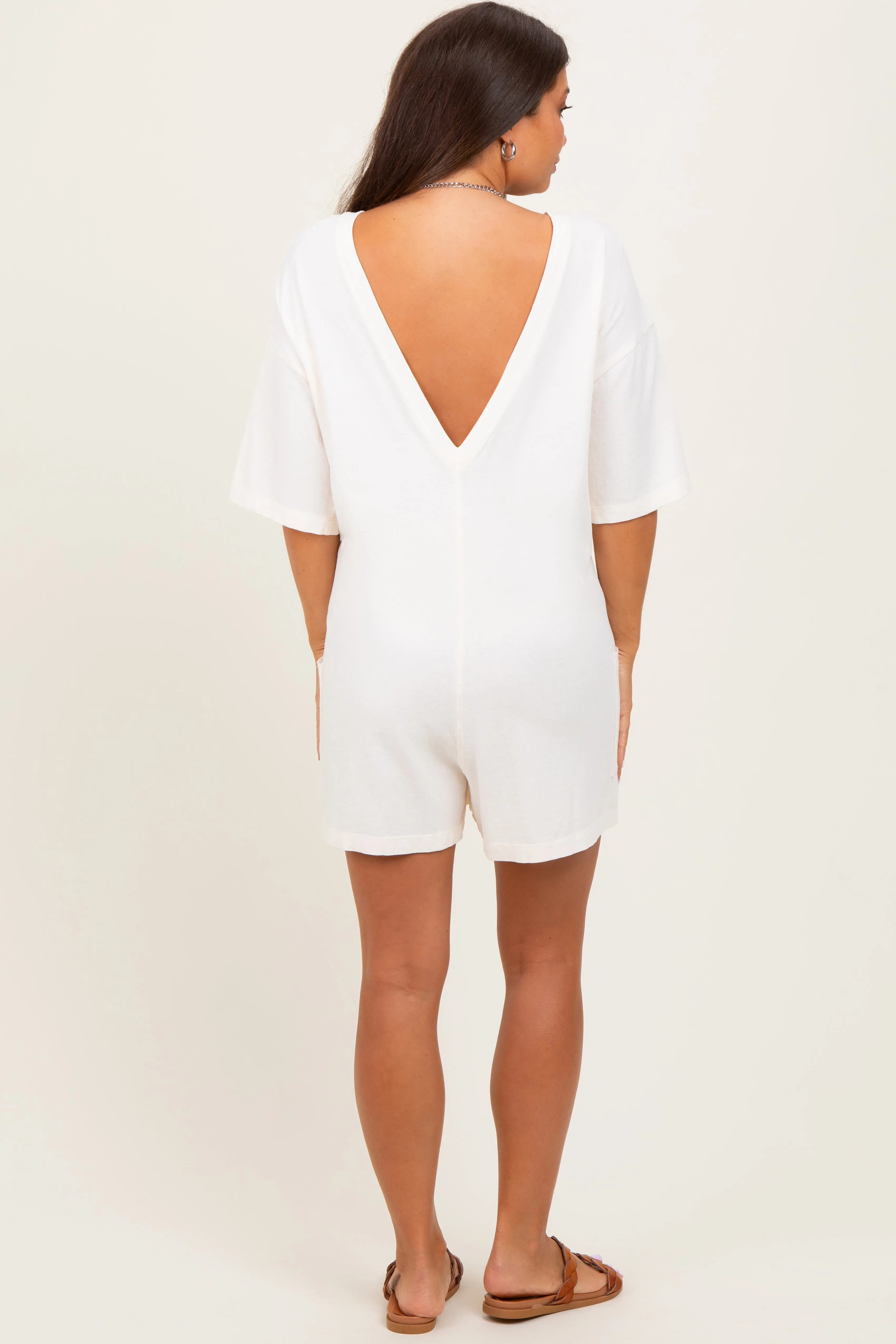 Cream V Back Short Sleeve Pocketed Maternity Romper sold by Pinkblush product image thumbnail 4