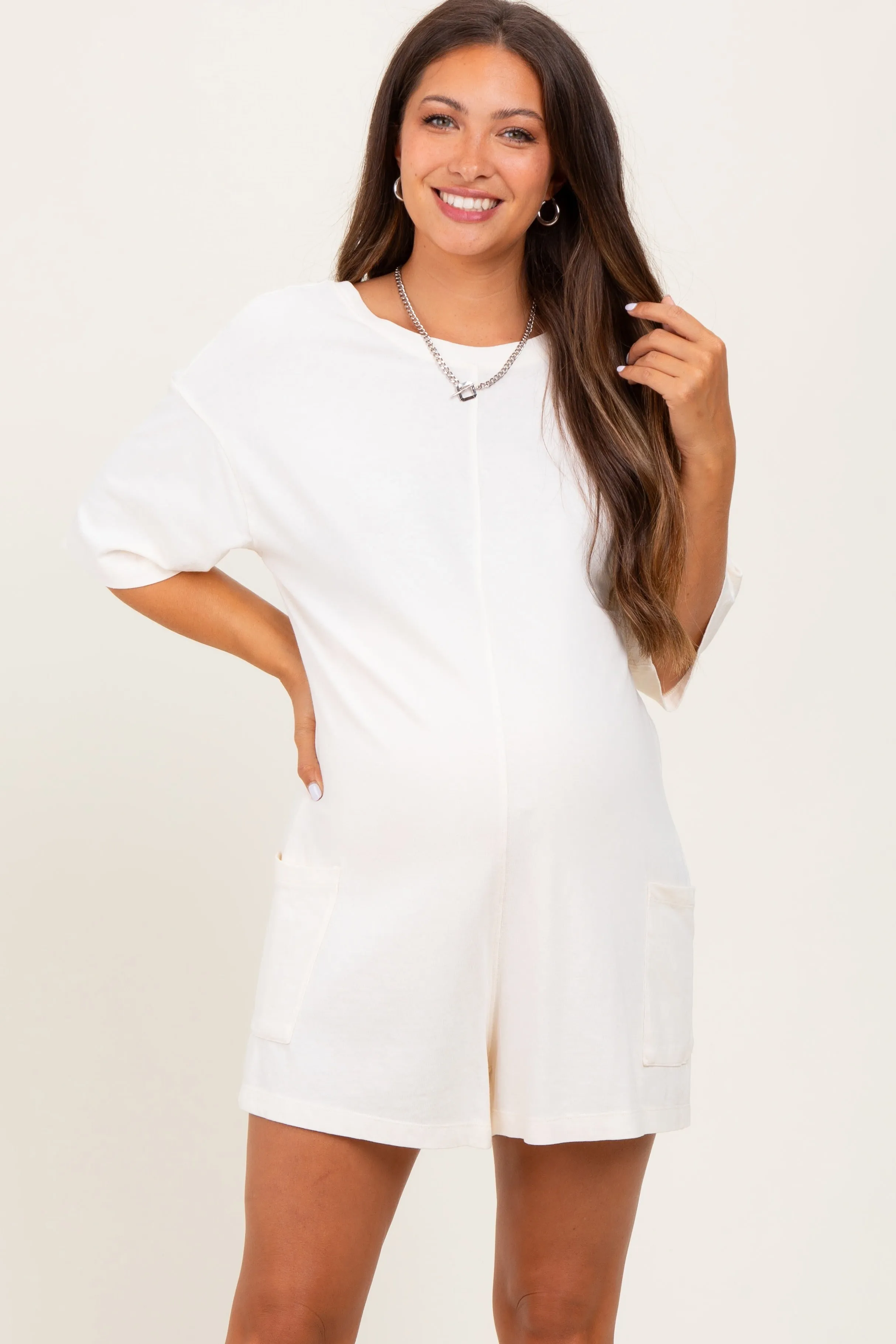 Cream V Back Short Sleeve Pocketed Maternity Romper sold by Pinkblush