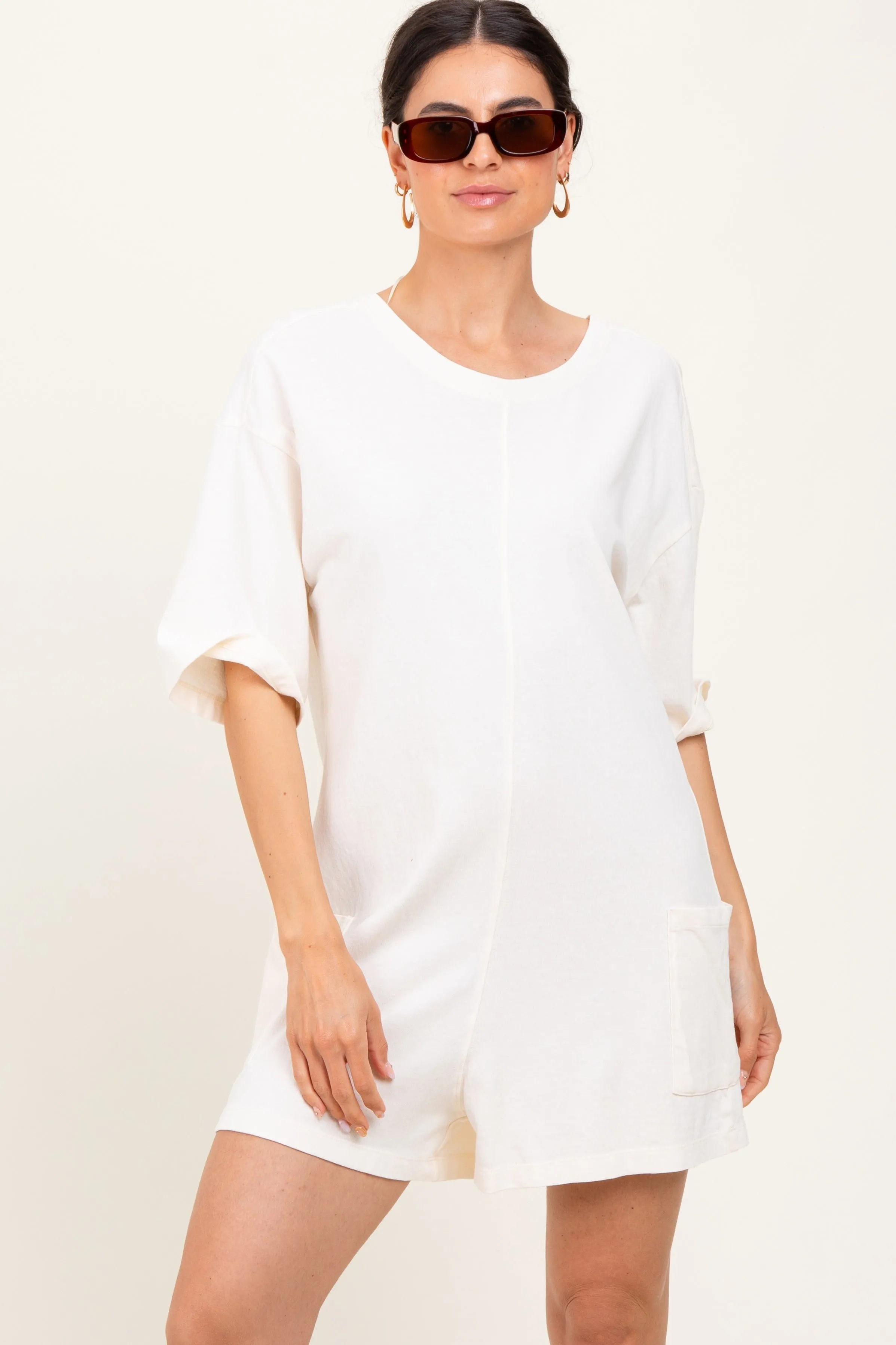 Cream V Back Short Sleeve Pocketed Maternity Romper sold by Pinkblush product image thumbnail 5