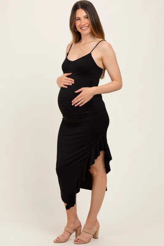 Black Ruched Ruffle Detail Sleeveless Maternity Midi Dress sold by Pinkblush