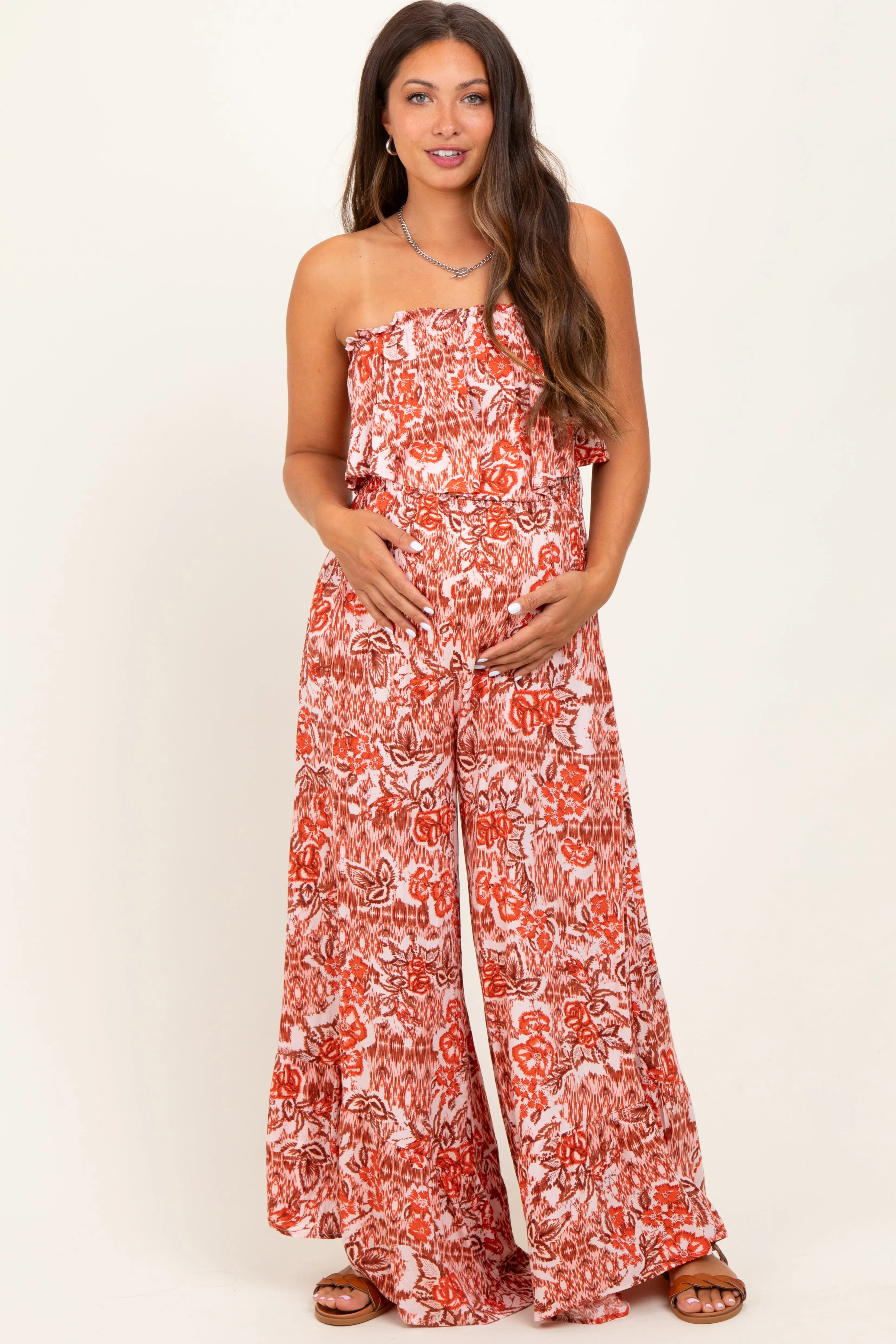 Rust Floral Strapless Ruffle Wide Leg Maternity Jumpsuit sold by Pinkblush product image thumbnail 2