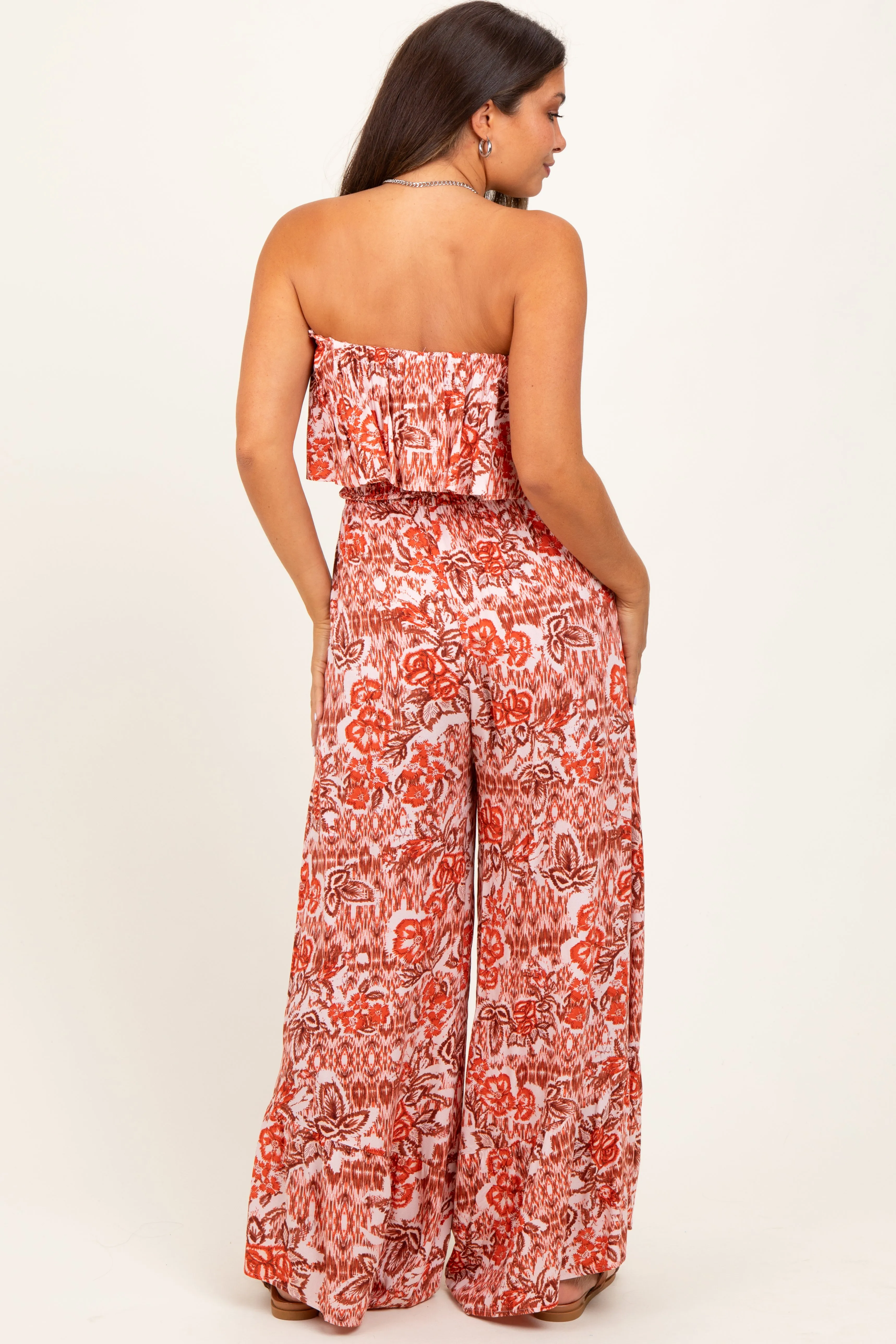Rust Floral Strapless Ruffle Wide Leg Maternity Jumpsuit sold by Pinkblush product image thumbnail 4
