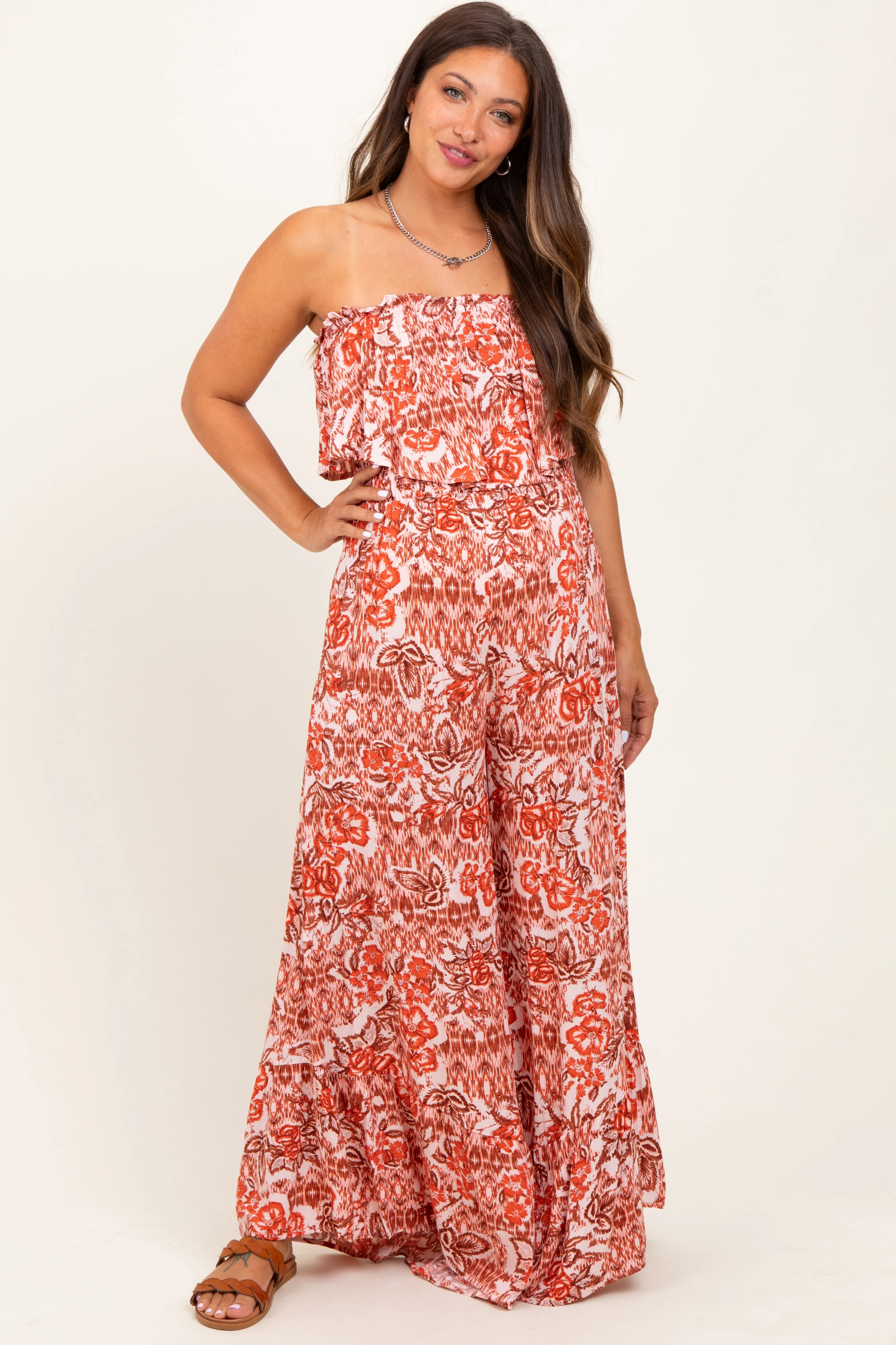 Rust Floral Strapless Ruffle Wide Leg Maternity Jumpsuit sold by Pinkblush