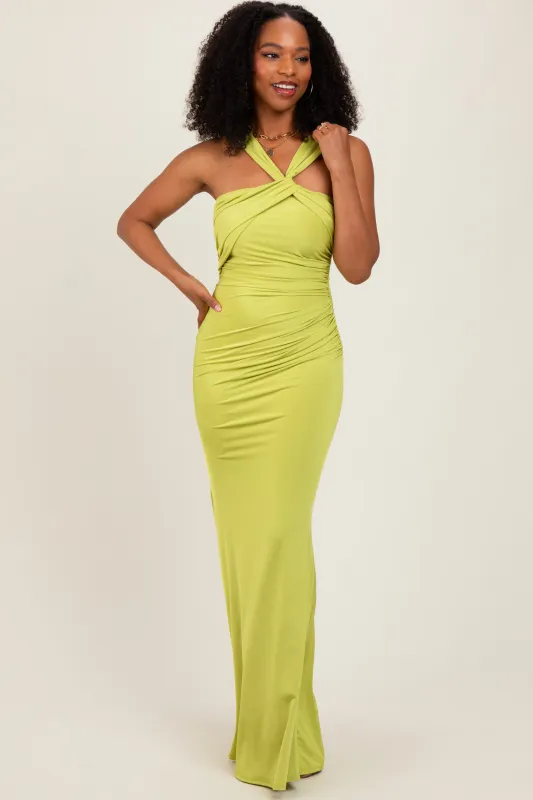 Lime Twist Front Ruched Maxi Dress sold by Pinkblush