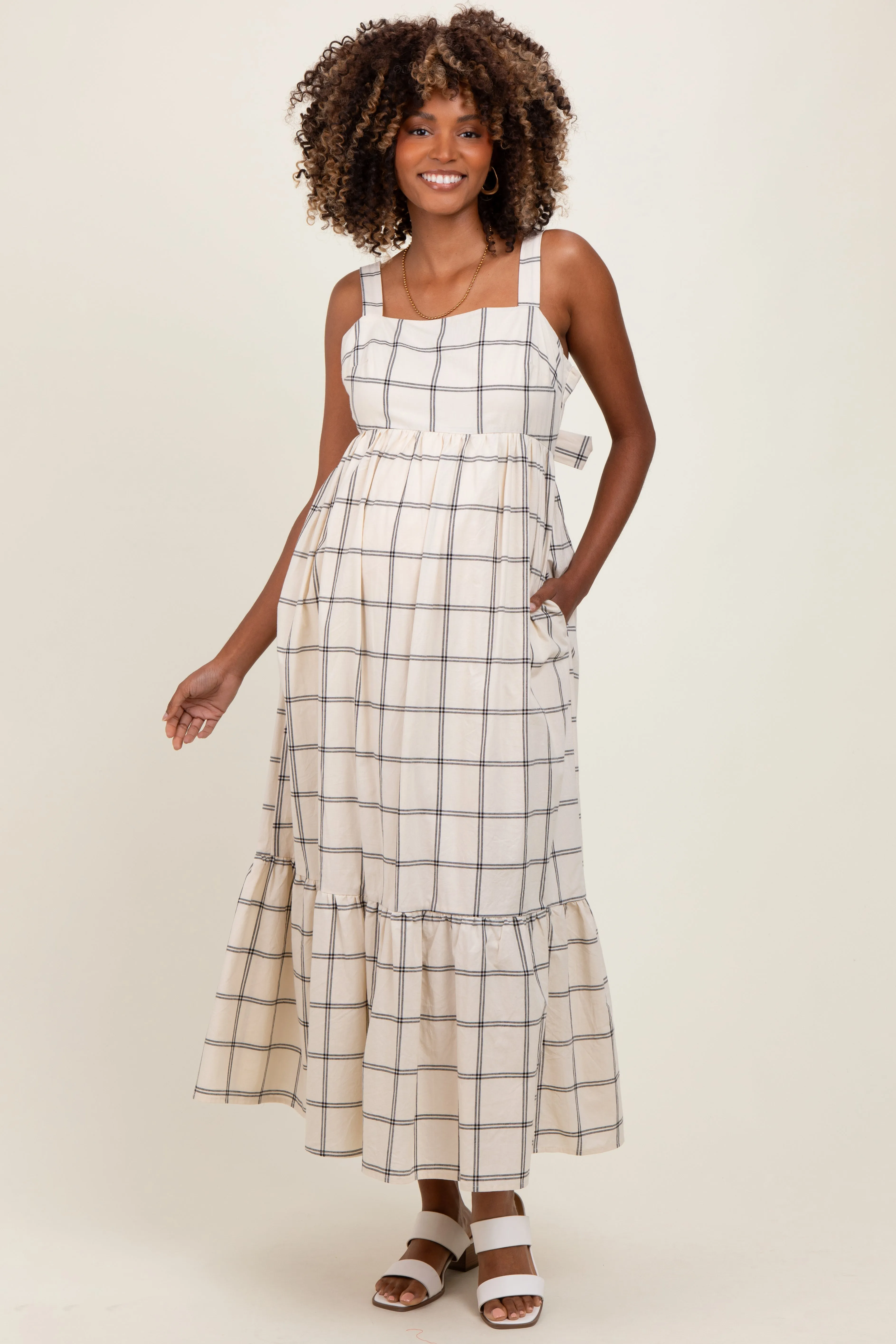 Cream Plaid Cutout Tie Back Maternity Maxi Dress sold by Pinkblush