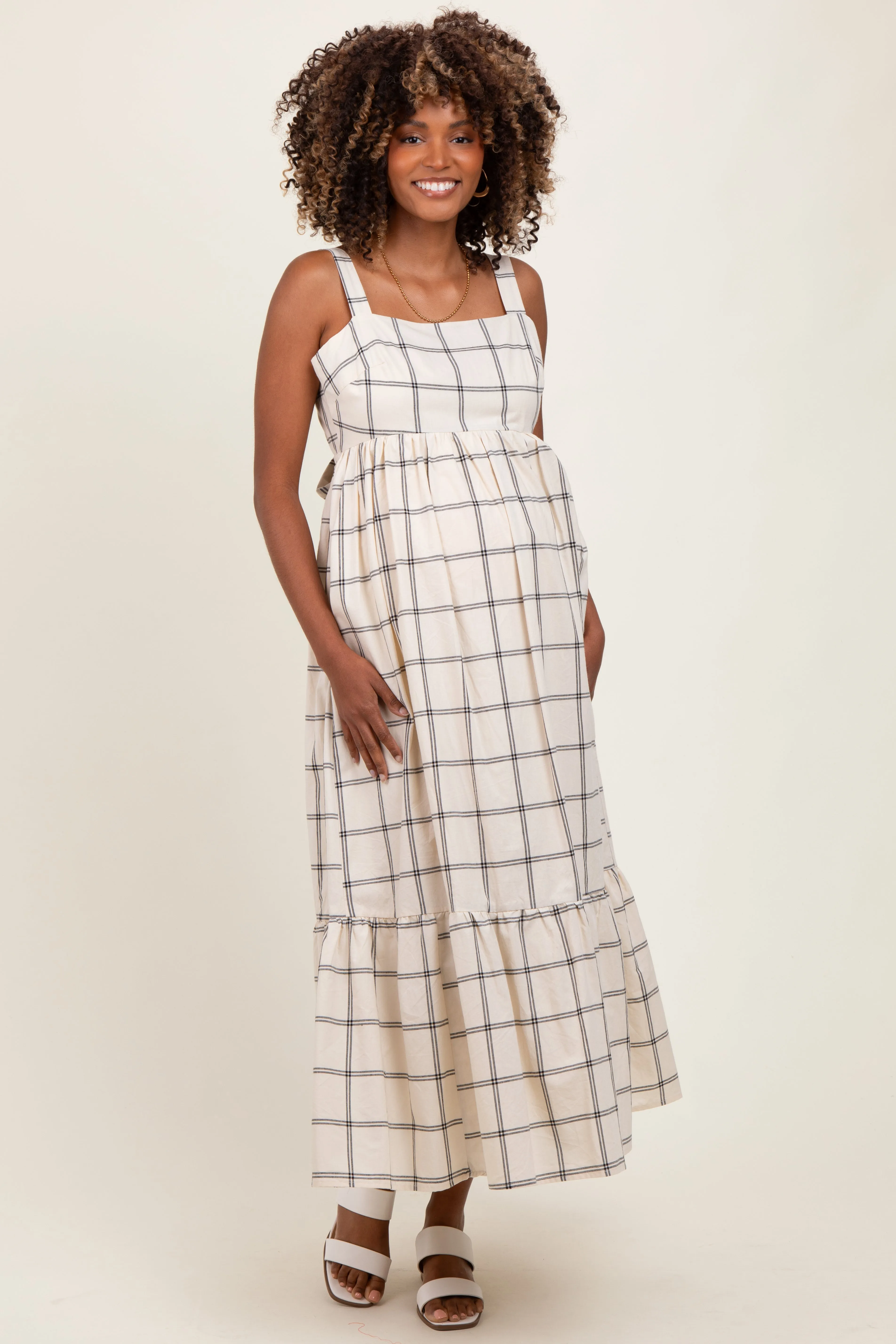 Cream Plaid Cutout Tie Back Maternity Maxi Dress sold by Pinkblush product image thumbnail 2