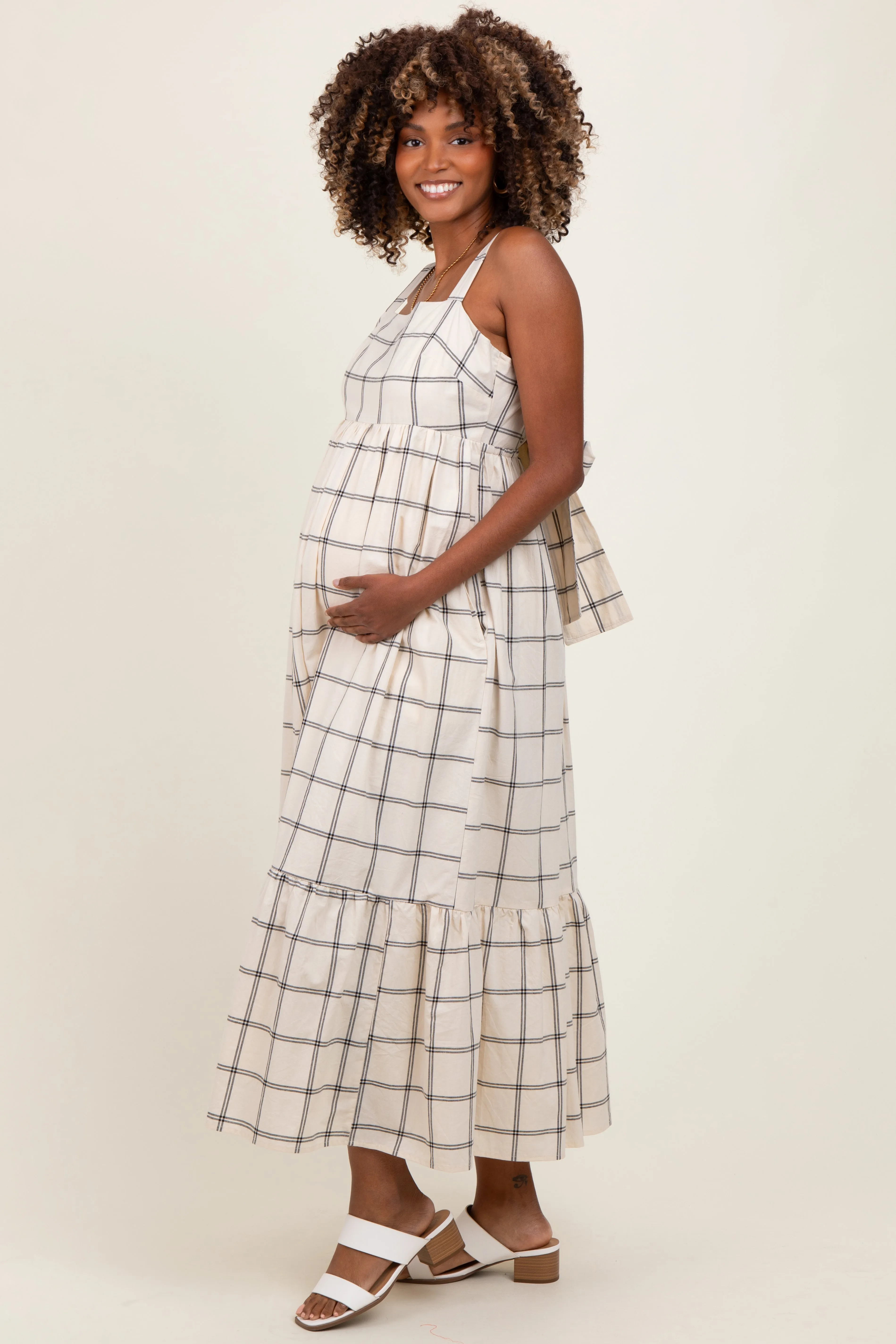 Cream Plaid Cutout Tie Back Maternity Maxi Dress sold by Pinkblush product image thumbnail 3
