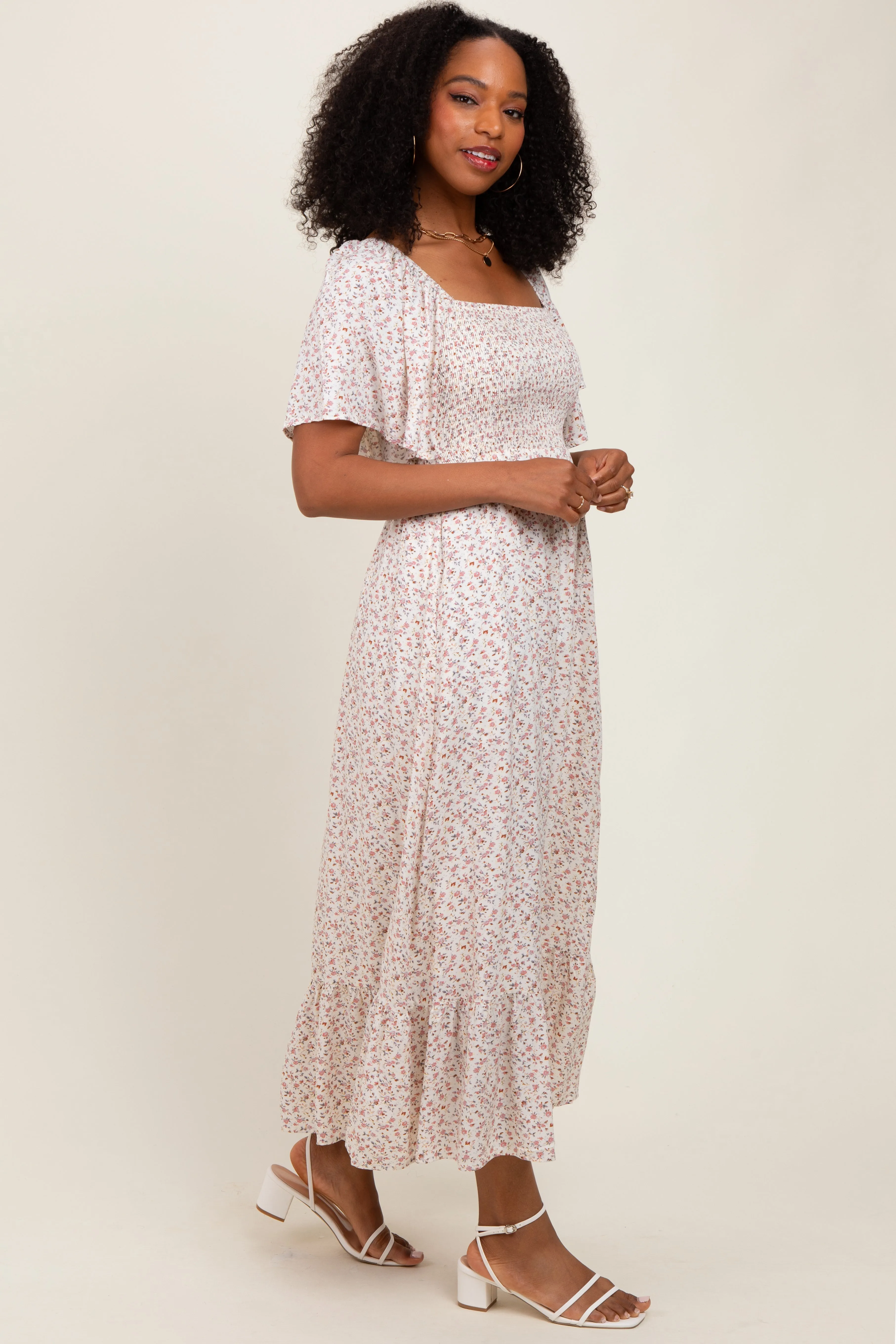 Cream Multi Ditsy Floral Smocked Midi Dress sold by Pinkblush product image thumbnail 3