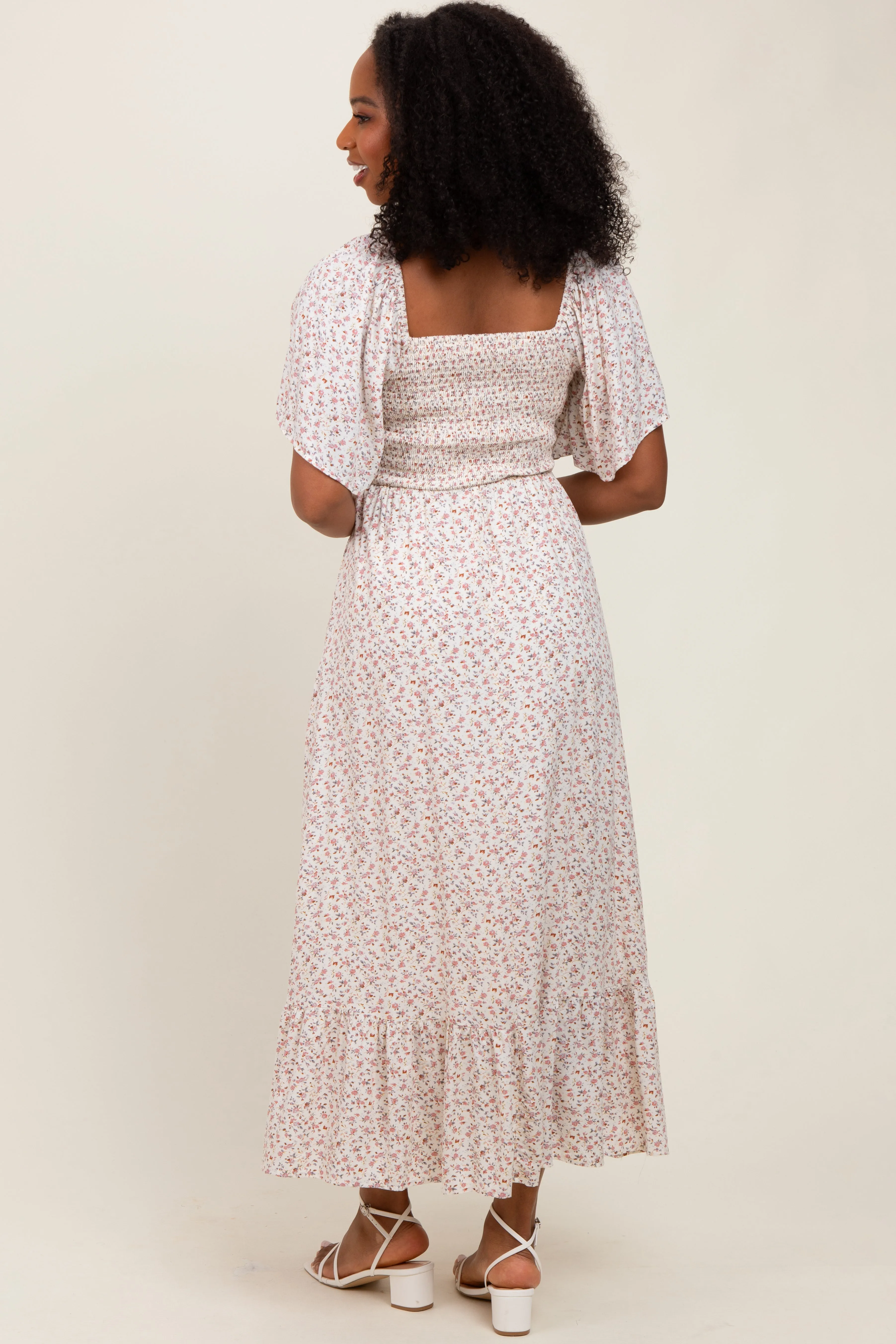 Cream Multi Ditsy Floral Smocked Midi Dress sold by Pinkblush product image thumbnail 4