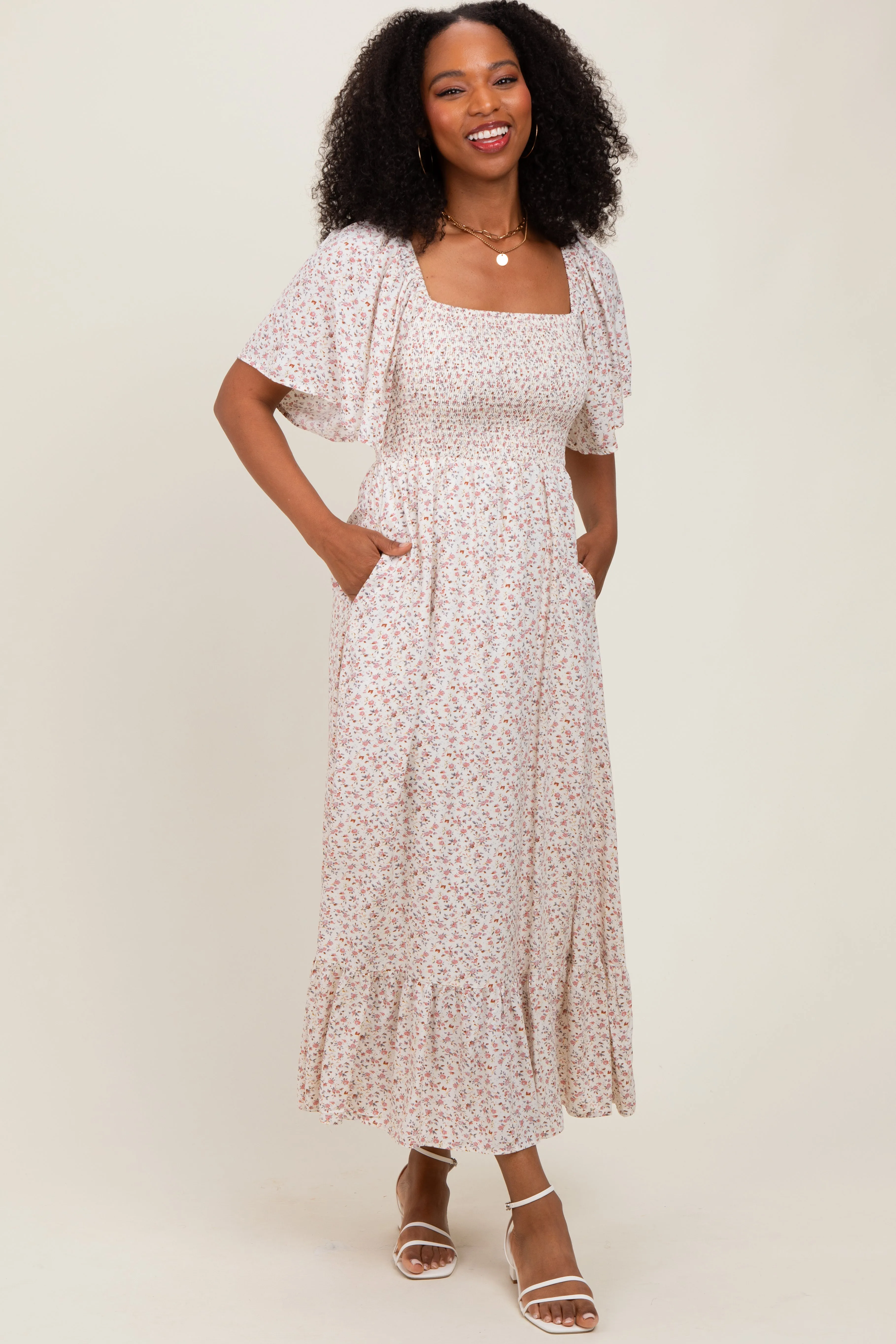 Cream Multi Ditsy Floral Smocked Midi Dress sold by Pinkblush