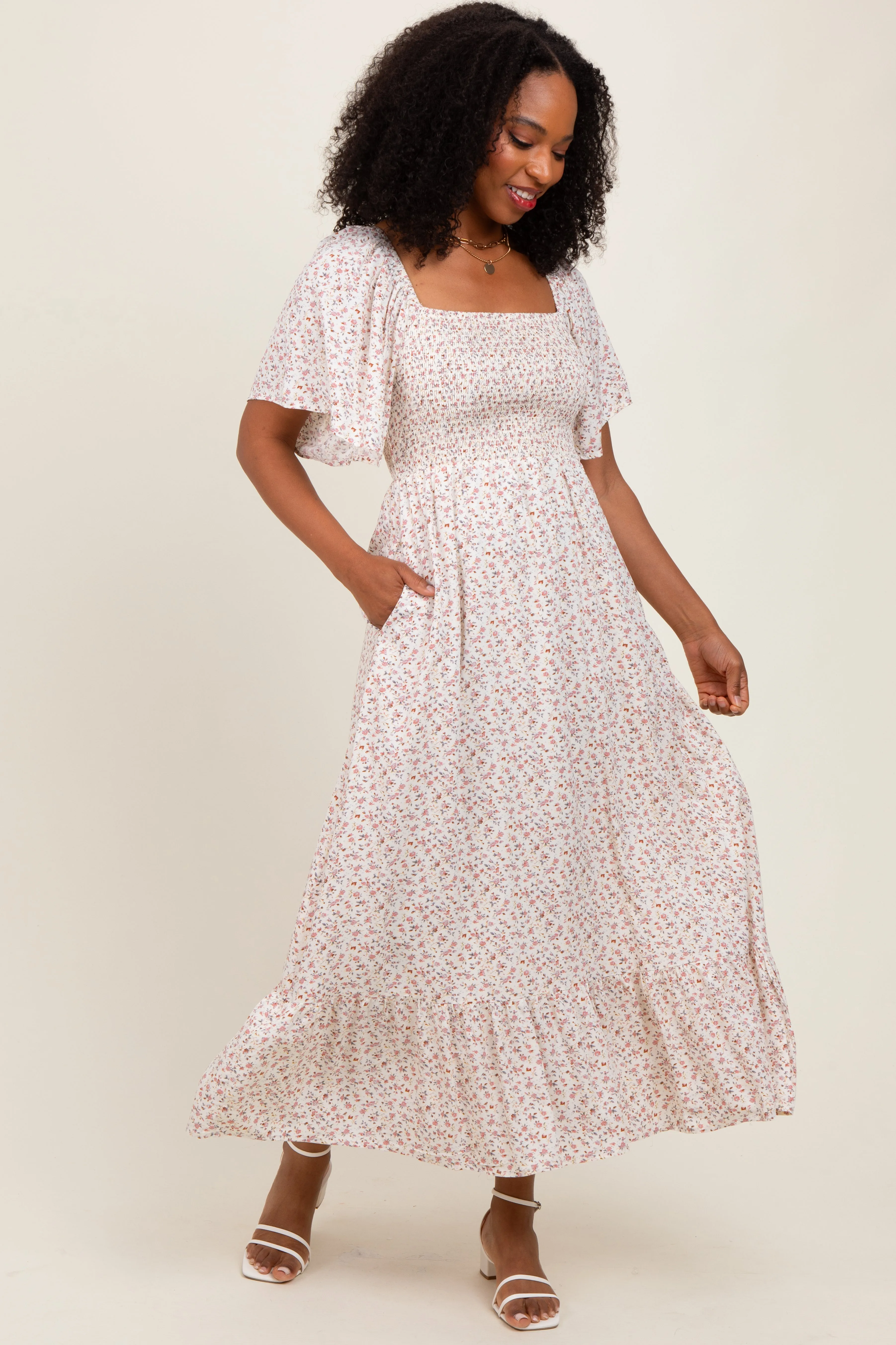 Cream Multi Ditsy Floral Smocked Midi Dress sold by Pinkblush product image thumbnail 2