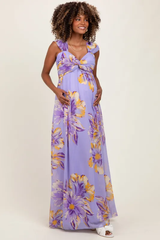 Lavender Floral Chiffon Off Shoulder Maternity Maxi Dress sold by Pinkblush