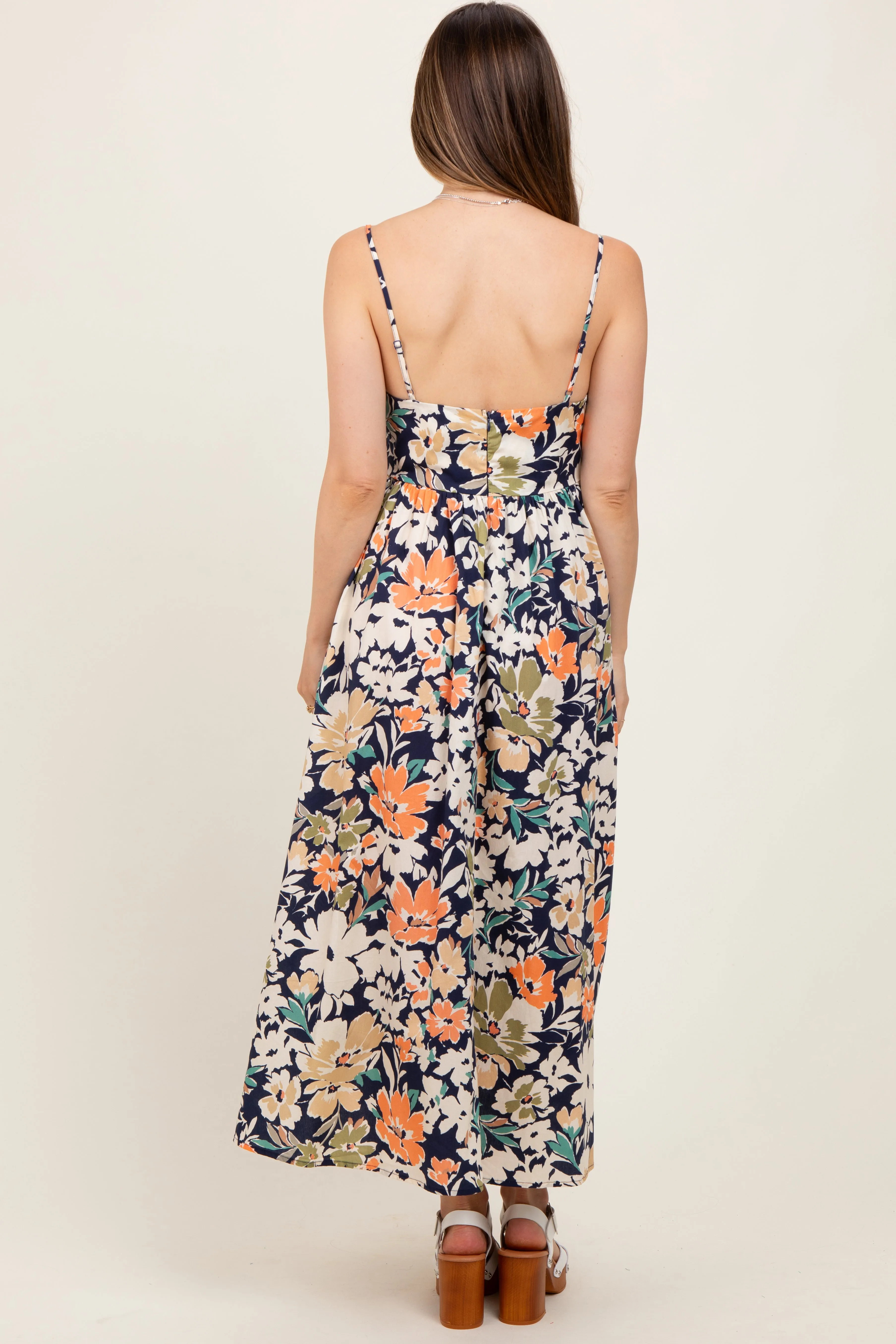 Navy Multi Floral Front Tie Sleeveless Maternity Midi Dress sold by Pinkblush product image thumbnail 3