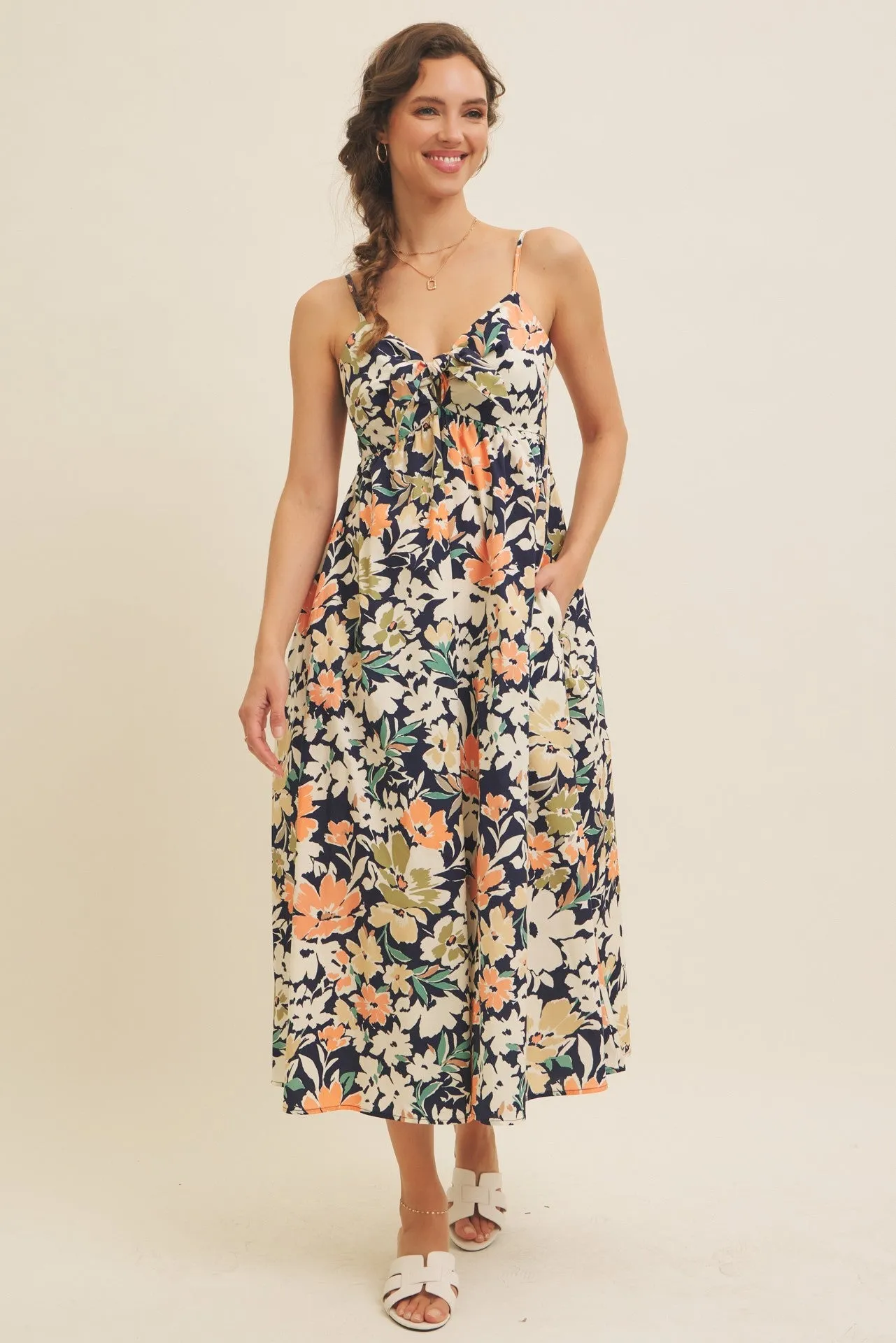 Navy Multi Floral Front Tie Sleeveless Maternity Midi Dress sold by Pinkblush product image thumbnail 4